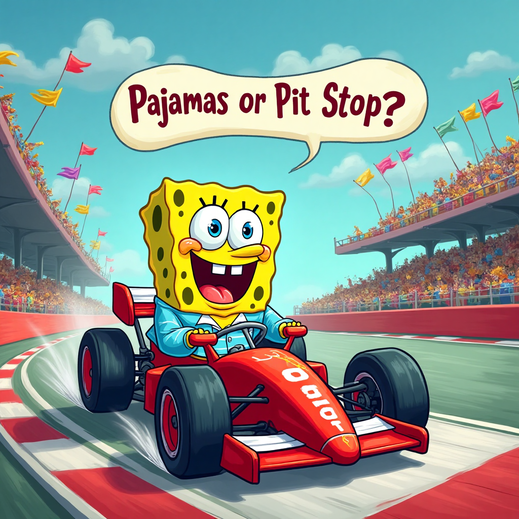 At the top of the Cartoon Style image, include the text: "Cody"

---

Imagine a whimsical scene where a cheerful, wide-eyed Spongebob, clad in his adorable pajamas, is joyfully driving a sleek Formula One car. The car zooms across a vibrant race track, with exaggerated motion lines conveying speed and excitement. The wheels spin cartoonishly fast, and the bright red color of the car contrasts with the playful blue of Spongebob's pajamas. In the background, colorful flags wave in celebration, and a cheering crowd of quirky sea creatures cheers from the stands. Above the scene, a playful speech bubble exclaims, "Pajamas or Pit Stop? You decide!"
Generated with these themes: Spongebob pjammas , Driving a formula one card, and .
Made with ❤️ by AI.
