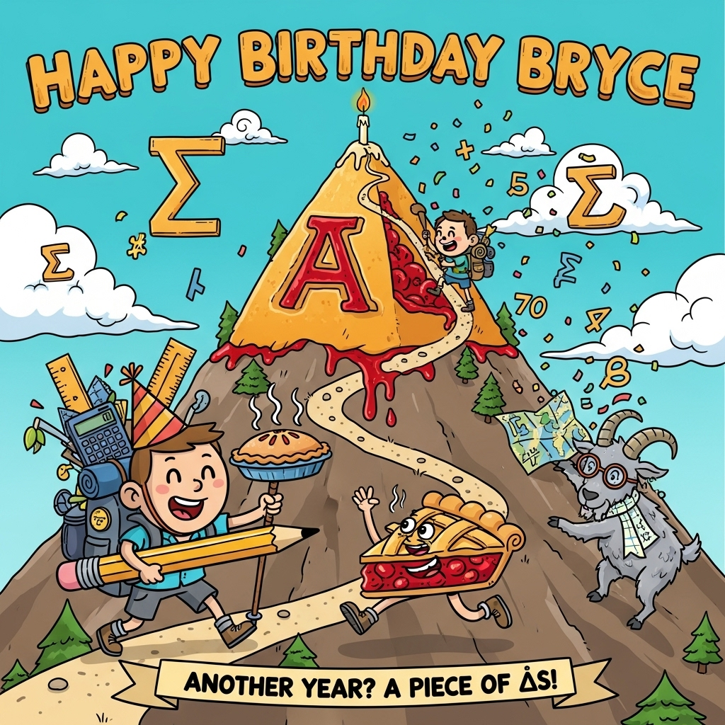 At the top of the Cartoon Style image, big frosted bubble letters reading "Happy birthday Bryce"

A bright, playful cartoon mountain scene where the “mountain” is a gigantic slice of cherry pie with a golden lattice crust oozing ruby filling; a winding hiking trail loops into the shape of the π symbol as it zigzags up the pie. Exaggerated, goofy hikers with thick outlines and bouncy poses scramble upward: front and center, a cheerful hiker in a party hat (oversized head, tiny legs) uses a pencil as a trekking pole while balancing a steaming mini pie on the other pole; their backpack bulges with mathy gear (calculator, protractor, ruler) poking out. A mischievous slice-of-pie character with spindly legs and hiking boots sprints past, and a nerdy mountain goat in round glasses and a graph-paper scarf clambers along, nibbling a corner of a mathy map. Puffy clouds subtly resemble π, confetti of math symbols (+ − × ÷ and π) swirls in the sky, and a birthday candle flickers at the pie-peak summit. Style it with thick black outlines, bright saturated colors (turquoise sky, cherry reds, lemon yellows, leafy greens), glossy highlights, simple cel shading, and whimsical, energetic poses for a funny, celebratory vibe.

At the bottom, a small curved ribbon caption in chunky hand-drawn type: "Another year? Piece of π!"
Generated with these themes: Pie, Math, Hiking, and .
Made with ❤️ by AI.