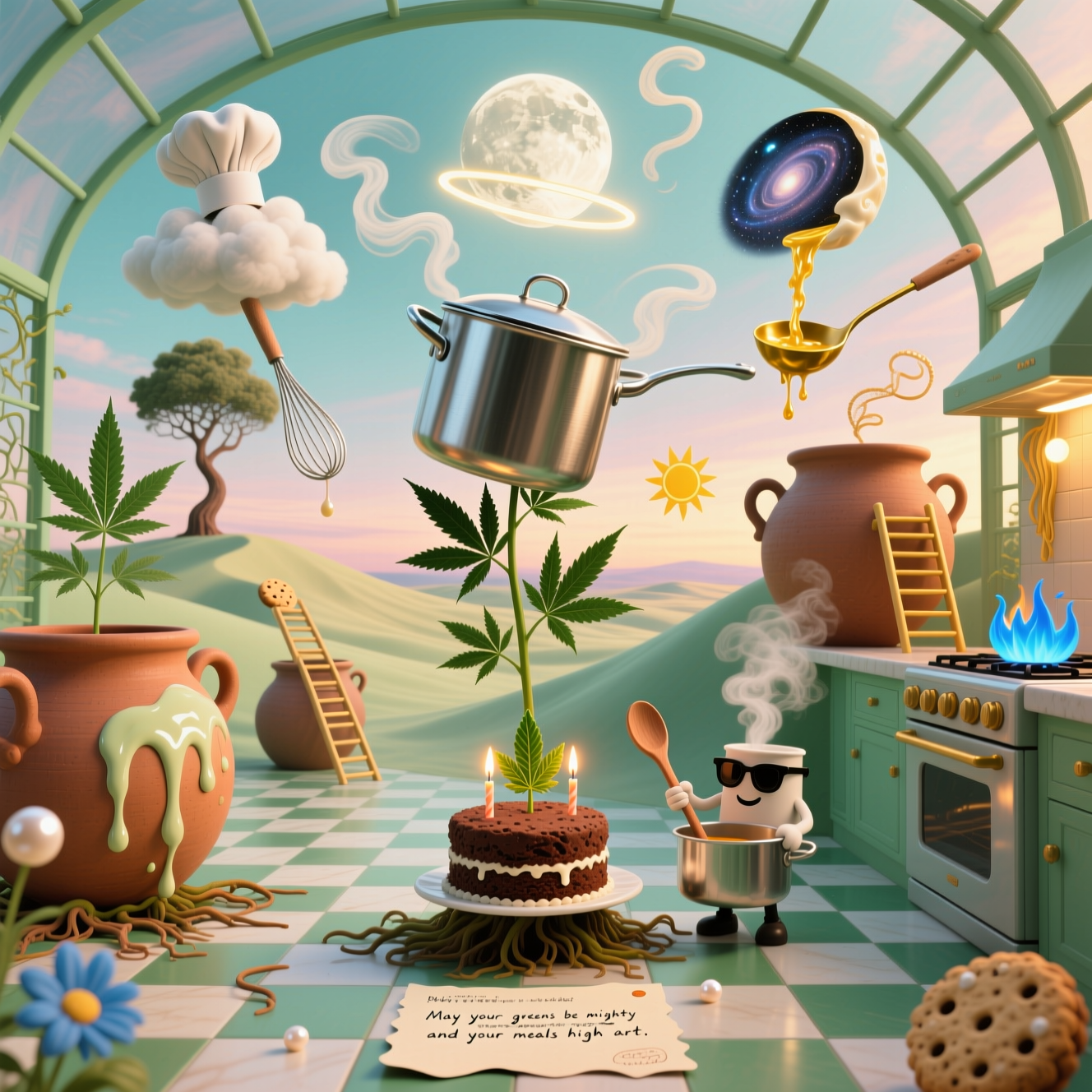 At the top of the Surreal Style image, Happy Birthday Big Brother

A dreamlike, Dali-inspired kitchen-greenhouse under an ethereal pastel sky: endless checkerboard tiles ripple like dunes; colossal terracotta cooking pots with drooping, melted handles sprout glossy cannabis leaves, their roots curling into the floor like vines. A towering chrome saucepan-plant stands centerstage, its lid floating as a halo-moon while silky, fragrant smoke ribbons rise and curl into whimsical shapes. Clouds shaped like chef hats drift by; a whisk tree whips a puff of cream-cloud into a spiral galaxy; floating ladles pour golden light like soup suns. On a nearby counter-dune, a tiny brownie-birthday cake balances, candles flickering into leaf-shaped flames, while an anthropomorphic pot in sunglasses stirs itself with a wooden spoon. Playful smoke rings loop through the scene, hinting at home-grown aromas; spaghetti ladders climb between pots; cookie moons orbit a glowing stovetop horizon of blue-flame flowers. Lighting is soft and otherworldly—pearl highlights on chrome, warm sunset golds and minty greens, a gentle haze with long, surreal shadows. Ultra-detailed textures, melting forms, and improbable reflections; wide, slightly low-angle view for grand, funny majesty.

Add a small, cheeky caption at the bottom in hand-drawn script on a gently melting recipe card: May your greens be mighty and your meals high art.
Generated with these themes: Growing pot , smoking home grown pot, being creative with cooking , and .
Made with ❤️ by AI.