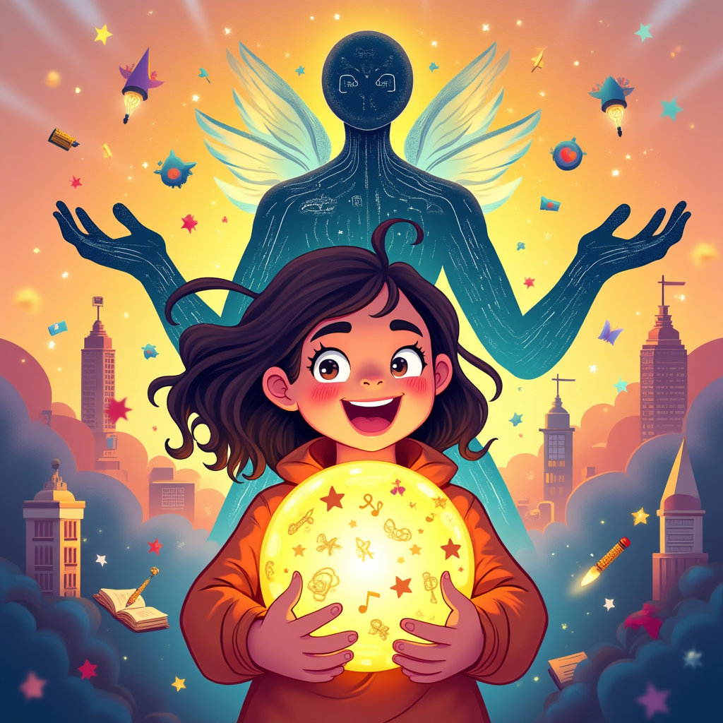 Depict a girl in the center of the poster, radiating joy and inspiration. Her face is lit up with a wide, genuine smile, and her eyes are filled with excitement and hope, as if she has just discovered an infinite world of possibilities. In her hands, she holds a bright glowing orb, inside which shimmer images and symbols of ideas and imagination: tiny figurines, fragments of drawings, books, musical notes, miniature architectural models — as if it’s the embodiment of her fantasies.  Behind the girl stands a giant silhouette of an AI, but not frightening — rather friendly and majestic. It is made of glowing lines of code, neural networks, and digital patterns, softly shining in shades of gold, turquoise, and purple. Its “hands” are gently extended toward the girl, as if supporting her and helping her unlock her creative potential.  Around them is an explosion of bright colors and ideas, fragments of imagination flying through the air: winged words, colorful shapes, sparks, lines of code transforming into paintbrushes, pencils, books, piano keys, and other symbols of creativity. All of this creates a sense of magic and endless possibilities.  The background is light, with a rainbow gradient that transitions from warm orange and pink at the bottom to soft blue and purple at the top, emphasizing positivity and hope.  At the top of the poster, in bold letters: “AI — My Source of Inspiration!”  At the bottom, in a softer, warm font: “When I run out of ideas, it helps me dream.”  The style is dynamic, positive, and magical — a blend of digital art and fantasy, with a strong focus on emotions of joy, gratitude, and inspiration. The girl’s emotion should convey the happiness of always having a friend and helper in the form of AI, with her facial expression radiating wonder and inner light., and Congratulations Card