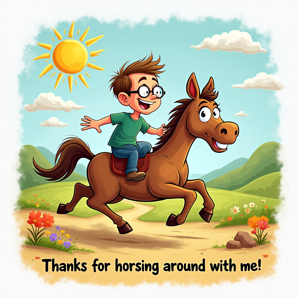 A brown hobby horse being ridden by a man with short brown hair and glasses, and Thank-you Card