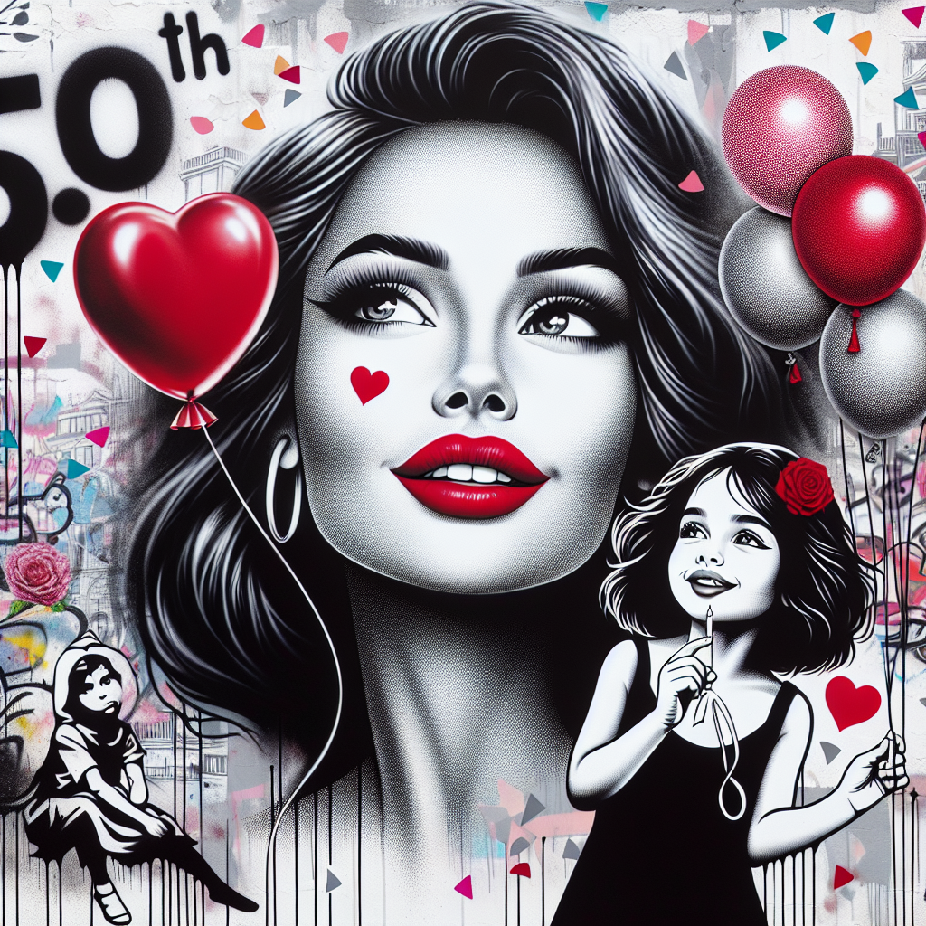 A delightful and whimsical birthday illustration to commemorate a 50th birthday. The scene features an illustrative Hispanic woman with dark soft-flowing hair and vivid red lipstick standing out against a backdrop inspired by street art. Her eyes are sparkling with pure joy, and she is surrounded by floating balloons and confetti. Add a touch of a secret, black and white stencil art in the corner of a young girl holding a heart-shaped balloon, representing the youthful spirit, but refrain from capturing any particular artist's style.
Generated with these themes: 50th birthday, Female, Dark hair, Red lipstick, and Banksy.
Made with ❤️ by AI.