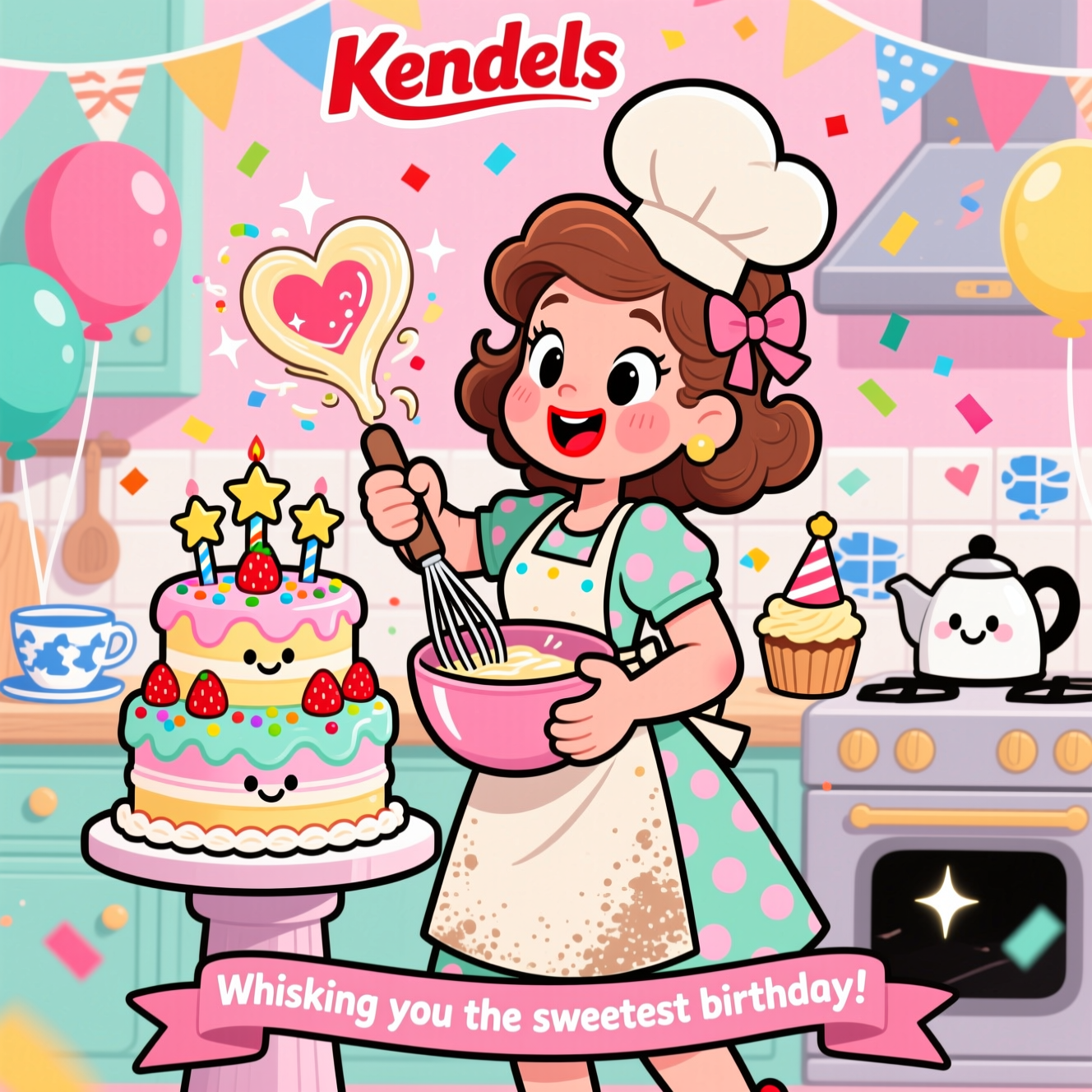 At the top of the Cartoon Style image, Kendals cakes

A bright, cute, and playful cartoon scene: an adult English baker woman with rosy cheeks, bright red lipstick, big sparkling eyes, and wavy chestnut hair tied in a ribboned bun. She wears a pastel polka-dot dress with a flour-dusted apron and a big puffy chef hat. In a cozy pastel kitchen decorated with bunting, balloons, and confetti, she strikes an energetic pose as she joyfully whisks a mixing bowl—batter swirls up into a heart with sparkles and motion swooshes. On a pedestal beside her sits a towering funfetti layer cake with swirled pastel icing, strawberries, rainbow sprinkles, and cheerful star-shaped candles. Anthropomorphic details: a smiling whisk, a winking mixing bowl, a giggling cupcake in a party hat, and a friendly sugar bag. Subtle English touch: blue-and-white teacup motifs on the tiles and a cute kettle on the stove. Thick black outlines, exaggerated chibi proportions (big head, big eyes, small body), saturated candy colors (bubblegum pinks, mint greens, lemon yellows, sky blues), cel shading, and glossy highlights. Dynamic composition with starbursts, sparkle dust, and confetti floating. At the bottom on a ribbon banner (or piped in icing on the cake stand), add a single playful line of text: “Whisking you the sweetest birthday!”
Generated with these themes: Pretty English girl with cute red lips big pierced tits and sexy big ass baking a cake, and .
Made with ❤️ by AI.
