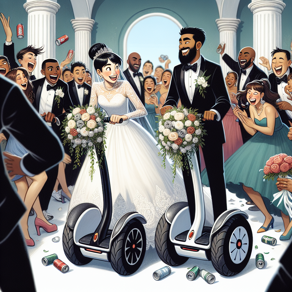 Illustrate a whimsical scene set at a wedding party. The newlyweds, a South Asian bride and a Caucasian groom, are making their grand entrance on decorated Segways. The bride's Segway is beautifully decorated with delicate white ribbons and a multitude of flowers closely resembling her floral bouquet. The groom's Segway, on the other hand, is stylishly adorned with a smart bow tie and a string of miniature cans trailing behind, creating a playful noise. Their guests, a mixture of Black, Hispanic, and Middle-Eastern men and women, are seen in the background, laughing joyously and cheering energetically, encapsulating an unconventional yet joyful wedding moment.
Generated with these themes: Segway.
Made with ❤️ by AI.
