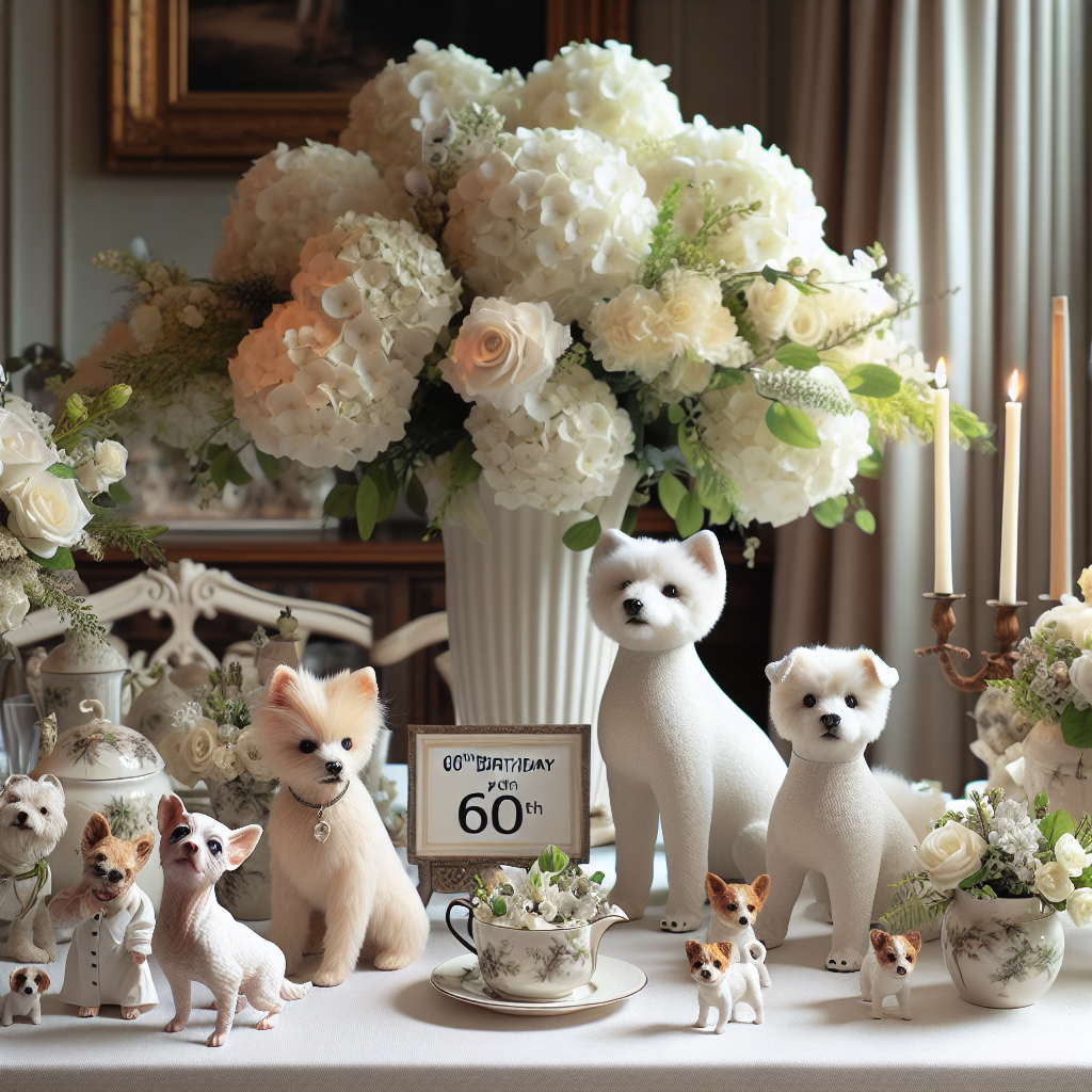 A heartwarming setting intended for a 60th birthday party with a touch of realism. At the heart of the scene is a table covered with a crisp white tablecloth, hosting a selection of delicate white flowers presented in sophisticated vases. The key elements that stand out are charming figurines of Pomeranians, Jack Russells, and Bichons, each showcasing their unique charm, playfully organized as if they're interacting with guests. The overall ambiance invokes feelings of warmth and joy, matching the significance of a much-loved milestone celebration.
Generated with these themes: Pomeranians, Jack Russels.bishons, 60th, and Flowers white.
Made with ❤️ by AI.