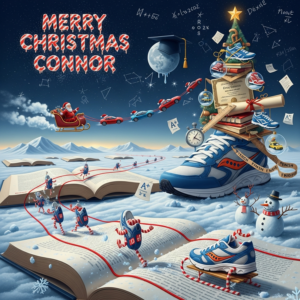 At the top of the Surreal Style image, “Merry Christmas Connor” in shimmering candy‑cane letters with a chalk‑dust glow, gently melting like icing

Dreamlike, Dali‑inspired surreal winterland: a vast cross‑country course made from giant open textbooks whose snow‑dusted pages curl into dunes; crimson ink lines form a wavy XC trail across the paper landscape. In the foreground, a pack of Saucony running shoes—playfully personified with tiny candy‑cane legs, scarf‑like laces, and race bibs—dash across the pages, their treads stamping snowflake footprints; one sneaker joyrides atop a toy sports car like a sled. Towering mid‑scene, an academic Christmas “tree” stacked from diplomas, rulers, and notebooks bends like soft wax; its ornaments are miniature collectible sports cars in glassy snow‑globe baubles, each with a tiny Santa hat. A stopwatch drips over a branch; a graduation cap moon sags low in a chalkboard‑black sky scribbled with equations and constellations shaped like sneakers and coupes. Santa as a bespectacled professor glides by in a polished desk‑sleigh, pulled by a string of levitating sports cars with jingle‑bell antlers. A licorice finish‑line ribbon flutters; A+ papers drift as snow; geometry sets stick from snowmen. Ethereal, frosty lighting with twinkle‑light glints; long, painterly shadows; glossy reflections on chrome. Color palette: midnight blue, icy teal, candy‑apple red, and warm gold. Whimsical, funny, and richly detailed, soft haze with crisp highlights, wide‑angle low viewpoint for monumental shoes and tree, shallow depth in the distance.

At the bottom of the image, small cheeky caption in hand‑drawn chalk script: “Sleigh the miles, ace the finals, vroom all the way!”
Generated with these themes: Cross Country, academics, sports cars collecting, sneakers specifically saucony, and .
Made with ❤️ by AI.