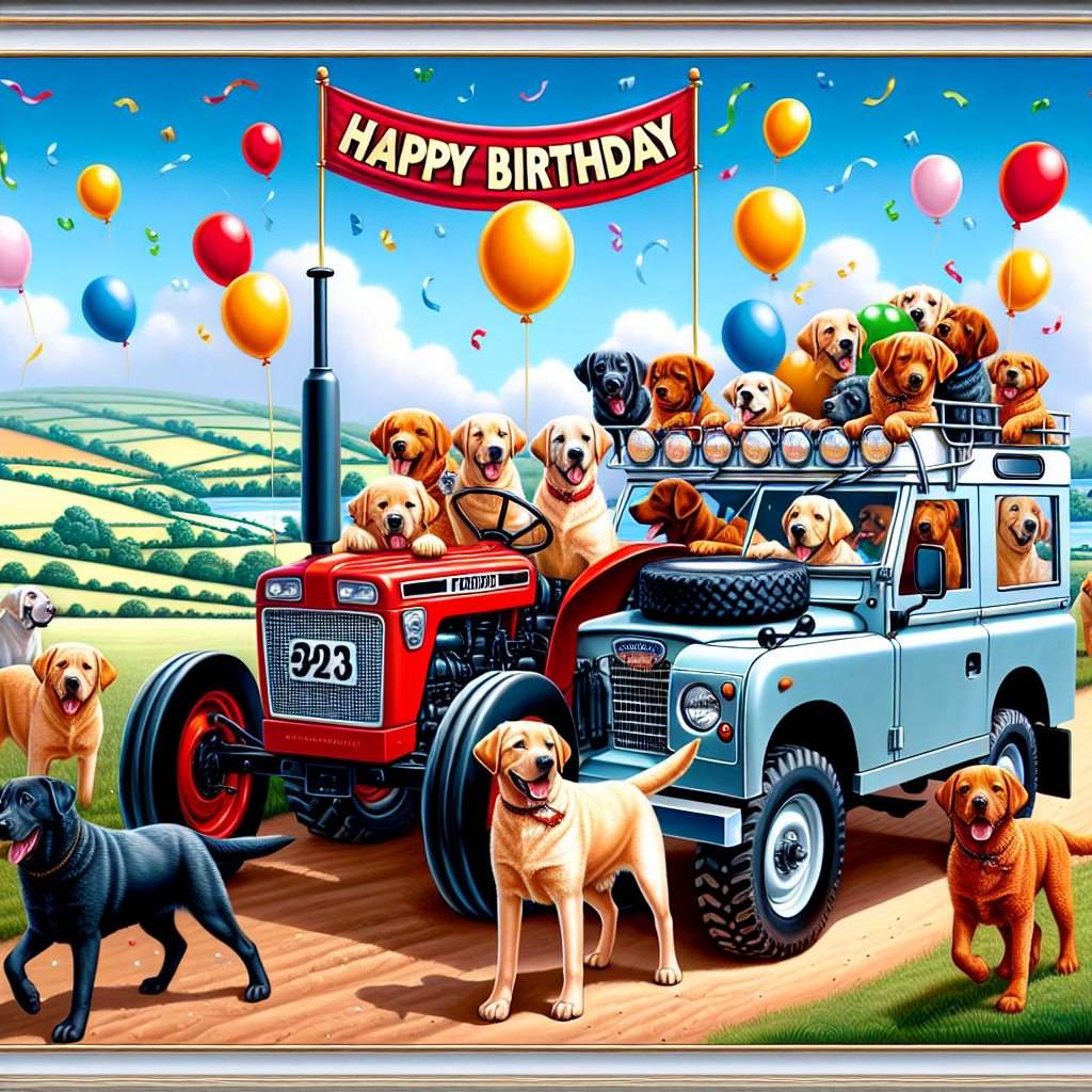 Tractor, Land Rover , and Labrador dogs Birthday Card