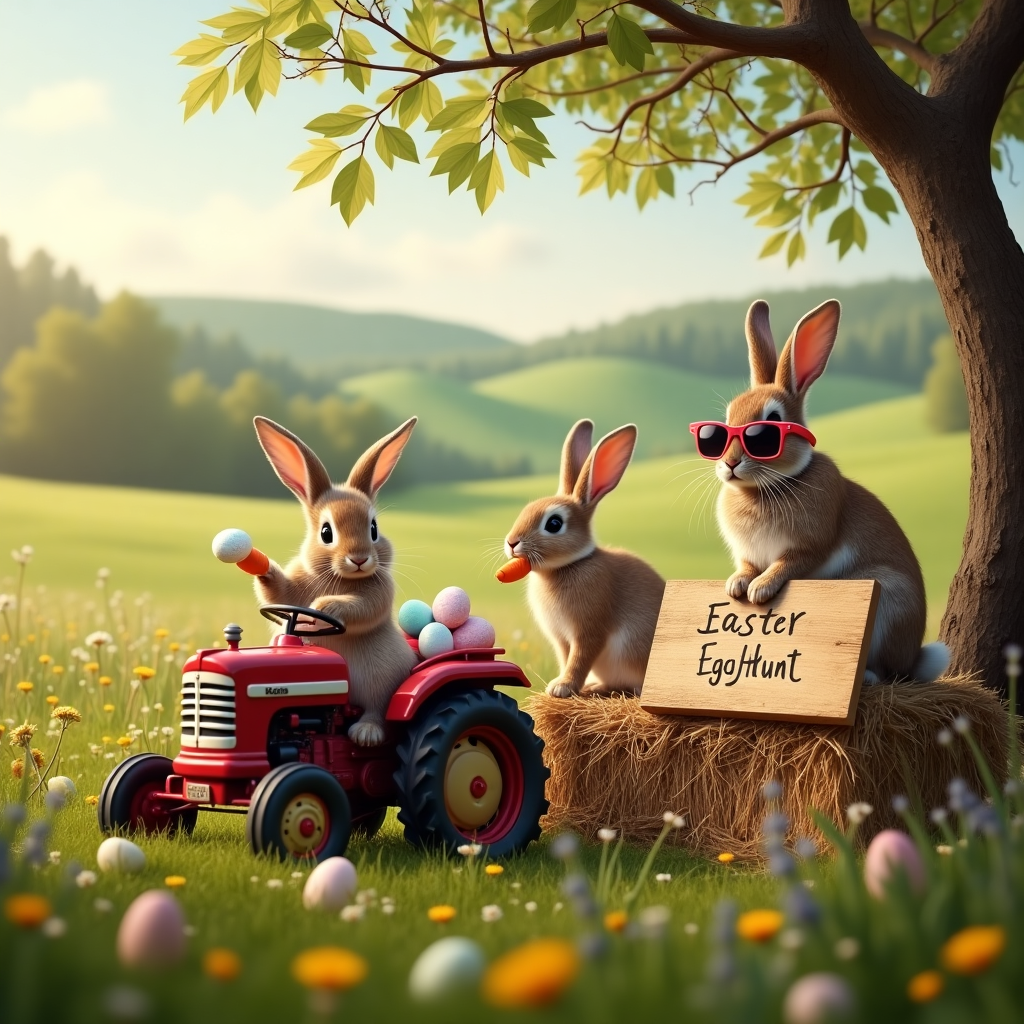 At the top of the realistic photograph image, "Hoppy Easter, Anita! You’ve been ear-resistible all year!"

Realistic photograph prompt: A cheeky countryside scene with several rabbits mid-chaos—one bunny driving a tiny vintage tractor with eggs falling out the back, another tangled in pastel-colored bunting hanging from a tree, while a third bunny sits proudly on a hay bale wearing oversized sunglasses and munching on a carrot. Rolling green hills and wildflowers in the background, with a handmade “Easter Egg Hunt →” wooden sign leaning awkwardly as if a rabbit bumped into it. The whole setting looks like a bunny-led Easter farm takeover caught in hilarious action. Realistic lighting, golden springtime hour, rich countryside tones, with lots of mischievous detail.
Generated with these themes: Rabbits, and Countryside.
Made with ❤️ by AI.