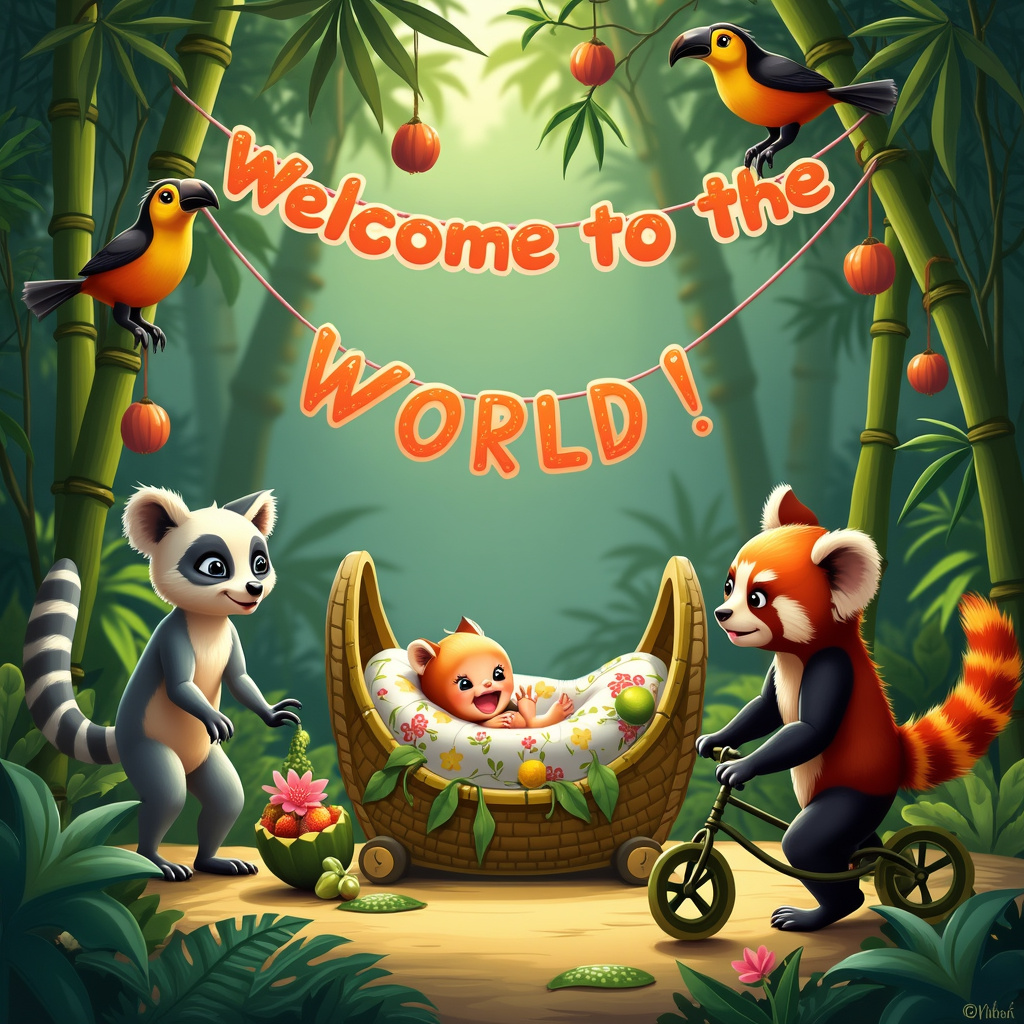 In a vibrant jungle clearing, a whimsical scene unfolds, celebrating the arrival of a new baby. The background is lush with towering bamboo and leafy canopies, creating a verdant tapestry. At the center of the scene, a cozy cradle made from interwoven vines and large, soft banana leaves cradles a tiny baby, swaddled in a blanket with a playful pattern of lemurs and red pandas. 

To the left of the cradle, a family of lemurs, with their long, striped tails and bright, curious eyes, are playfully juggling colorful jungle fruits like mangos, papayas, and coconuts. One particularly cheeky lemur, perched on a low-hanging branch, balances a fruit on its head while another uses its tail to tickle the baby’s tiny feet, eliciting a giggle.

On the right side, a trio of red pandas with their bushy tails and rust-colored fur are putting on an adorable acrobatic performance. One red panda stands on its hind legs, holding a makeshift banner made of broad palm leaves stitched together, emblazoned with the words "Welcome to the World!" in bright, cheerful letters. Another red panda, slightly larger, rides a tiny unicycle made from jungle vines and leaves, balancing expertly as it navigates around the cradle.

Above, in the branches of the surrounding trees, jungle flowers like orchids and hibiscus bloom in an explosion of color, and vines dangle with hanging lanterns made from hollowed-out coconuts, casting a warm, inviting glow over the scene. A pair of toucans, with their vibrant beaks, sit on a branch, beak-to-beak as if whispering congratulations.

This lively, heartwarming scene combines the playful antics of lemurs and red pandas in a celebration that’s as unique and delightful as the new life being welcomed into the world.
Generated with these themes: Lemurs and red pandas.
Made with ❤️ by AI.