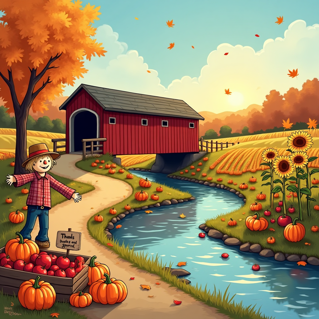Hand-drawn illustration with fine linework and textured brush strokes, cute mood, warm and expressive color palette. Golden-hour autumn scene: a classic red covered bridge over a gently winding stream, water reflecting a crisp blue sky and a soft glowing sun. Foreground: clusters of pumpkins and heirloom gourds along a dirt path, a wooden crate overflowing with shiny red apples, tall corn stalks rustling, bright sunflowers leaning in, and a friendly patchwork scarecrow with a straw hat. Midground: apple trees dotted with ripe fruit, fluttering fall leaves drifting across the path and floating on the stream. Background: rolling hills patterned with tidy vineyard rows, distant fences, wisps of cloud in the blue sky. Balanced composition with an S-curve stream leading the eye to the bridge; dappled sunlight, warm shadows, gentle breeze. Palette: pumpkin orange, russet, mustard gold, olive and sage greens, grape purple, cranberry red, cream, sky blue; warm sepia linework; subtle paper texture and soft vignette.

Include a small, unobtrusive hand-lettered caption on a little wooden sign near the pumpkins (keep it readable but not dominant): “Thanks a bushel and a gourd!” No other text.
Generated with these themes: Autumn, covered bridge, stream, fall leaves, pumpkins, vineyard, apples, apple trees, sunflowers, gourds, blue sky, sun, corn stalks, scarecrow, and .
Made with ❤️ by AI.