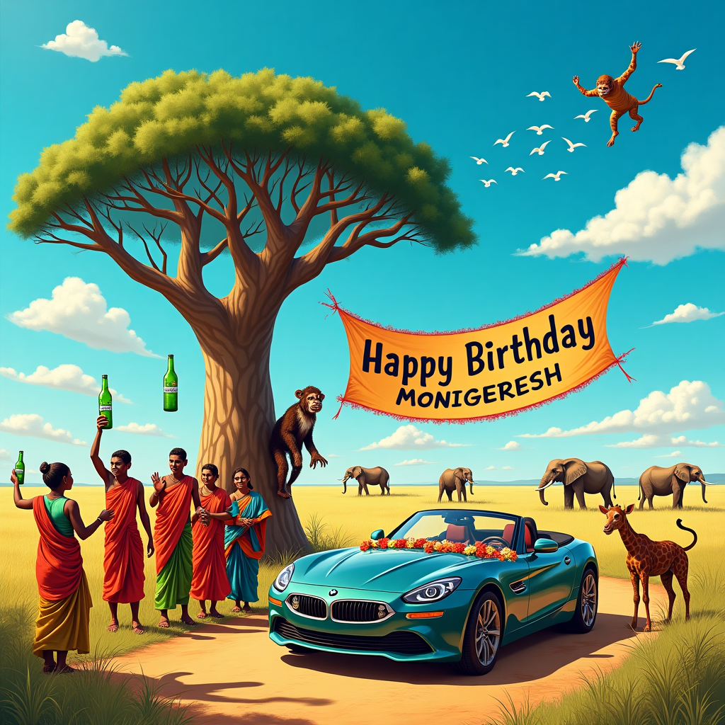 In this vibrant and whimsical birthday scene, imagine a lush African savanna under a brilliant blue sky, teeming with life and subtle humor. In the foreground, a sleek, shiny BMW Z8 gleams under the African sun, parked slightly askew on a dirt path. The car is adorned with colorful, traditional Tamil decorations – think floral garlands draped over the mirrors and a bright silk cloth covering the hood, evoking a festive atmosphere. To the left of the car, a jovial group of Tamil people, dressed in vibrant traditional attire, are engaged in a joyful dance, with a few holding green Heineken bottles raised in a toast to the occasion.

In the center of the scene, a massive Baobab tree stands, its twisted branches providing a whimsical backdrop. From one of its lower branches hangs a large banner made from vibrant fabric, reading "Happy Birthday Moniggeresh" in bold, cheerful letters. The banner flutters gently in the breeze, drawing the eye with its playful design.

Animals native to Africa add to the scene’s liveliness: a curious giraffe peers over the car, while a mischievous monkey hangs from another Baobab branch, attempting to reach a bottle of Heineken. In the distance, a herd of elephants meanders across the plains, adding a sense of depth to the landscape.

Above, fluffy white clouds dot the sky, one of which subtly forms the shape of a Z8, as if nature itself is celebrating. In another corner of the sky, a flock of birds takes the shape of the word "Moniggeresh," skillfully integrating the name into the scene with a touch of magic.

This delightful fusion of elements tells a quirky story, weaving together the themes into a celebratory tapestry that captures the essence of Moniggeresh's special day.
Generated with these themes: Bmw z8, TAMIL PEOPLE, Africa, and HEINEKEN.
Made with ❤️ by AI.