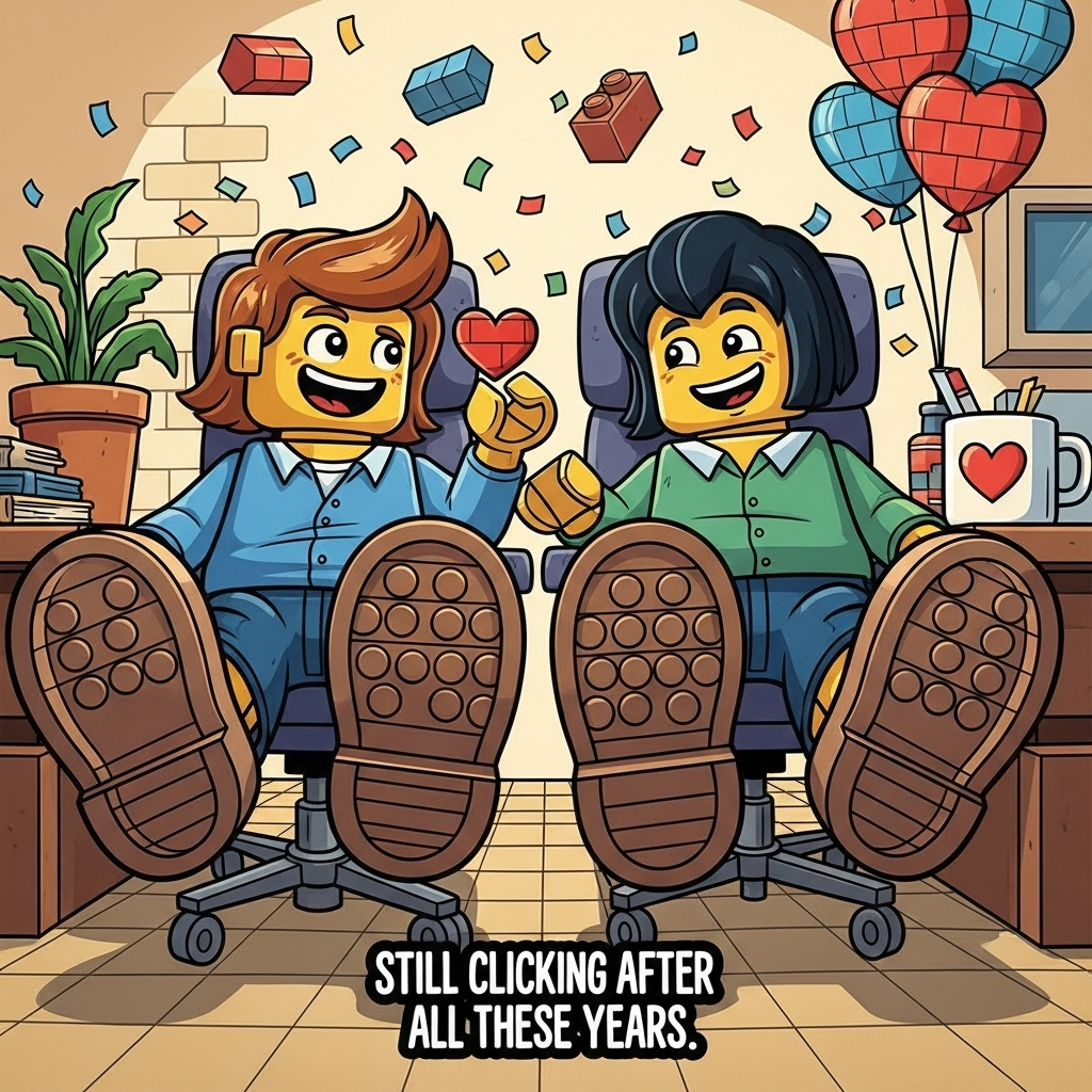 Full-bleed funny cartoon illustration: two LEGO-style brick characters with exaggerated proportions, thick black outlines, and bright saturated colors lounging in swivel chairs, feet kicked up on a chunky brick-built desk front and center. Low, slightly fisheye angle that makes their blocky soles comically large in the foreground. They grin at each other, one holding up a tiny red brick heart; scattered colorful bricks, a wobbly brick potted plant, a mug with a heart, and confetti and heart-shaped brick balloons in the background. Whimsical, energetic poses, playful office-like brick room, crisp 2D vector look, bold shadows and highlights for pop. Small caption at the bottom center in a chunky playful font, white with a thick black outline: “Still clicking after all these years.” No other text.
Generated with these themes: Lego , Feet up on desk, and .
Made with ❤️ by AI.