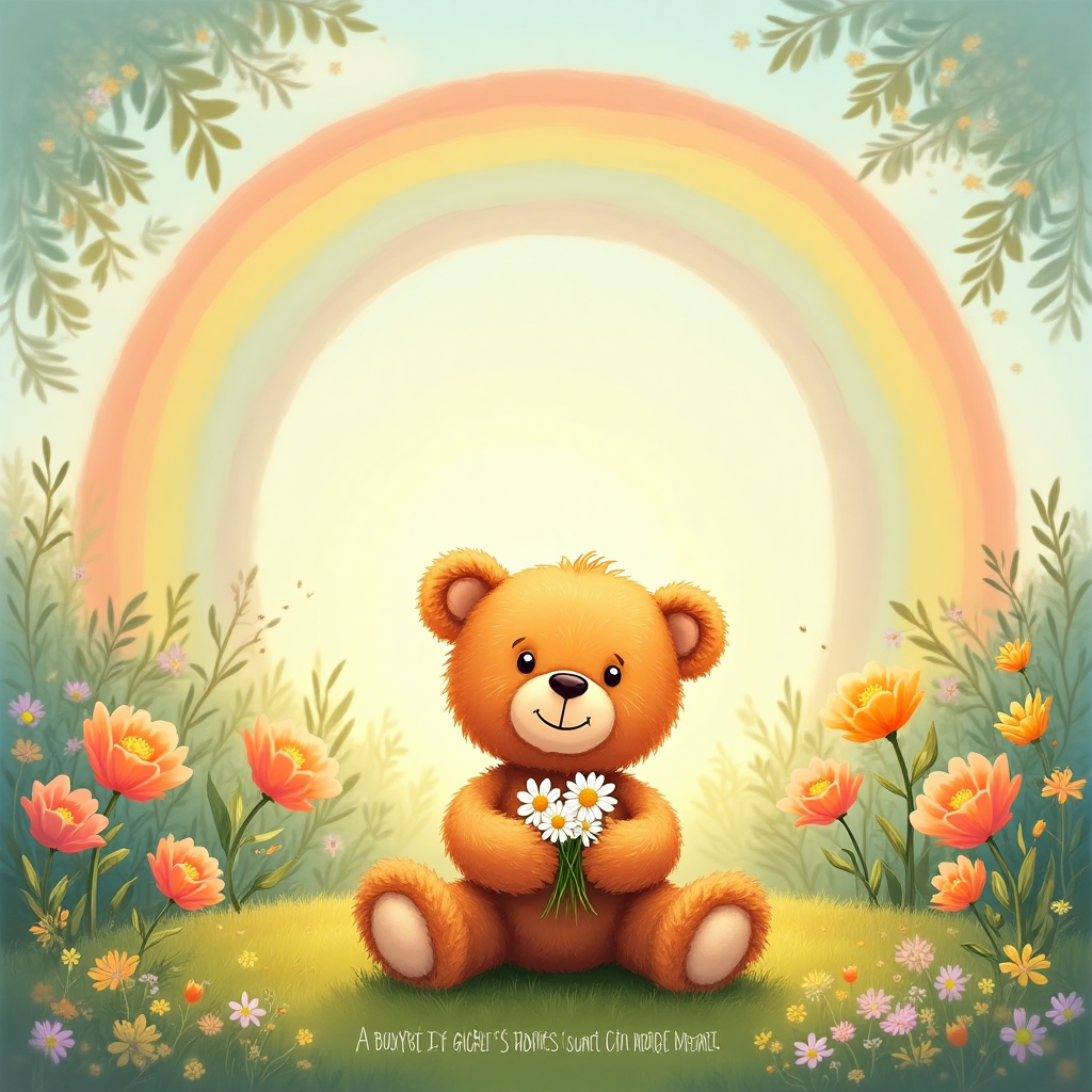 Teddy, Garden, Flowers, Rainbows, and New-baby Card