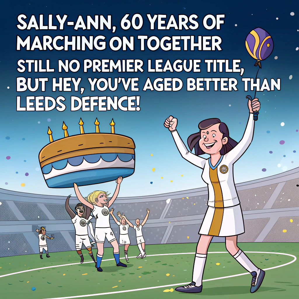 At the top of the image, "Sally-Ann, 60 years of marching on together—still no Premier League title, but hey, you've aged better than Leeds' defence!"

- In the center of the image, illustrate a humorous cartoon-style football pitch with Sally-Ann in full Leeds United kit, triumphantly holding a giant inflatable birthday cake above her head like a trophy.
- Behind her, a group of confused Leeds United players are scratching their heads, one holding a birthday balloon instead of a football.
- A scoreboard in the background reads: “Sally-Ann: 60 – Father Time: 0”.
- The stands are filled with cartoon fans holding banners that read "Sally-Ann for Manager!" and "Sixty and Still in the Squad!"
- A rogue pigeon in a Leeds scarf is pooping on the opposition’s goal for bonus laughs.
Generated with these themes: Leeds United, and 60th Birthday.
Made with ❤️ by AI.