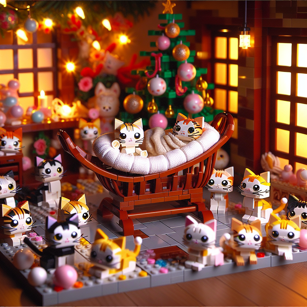 Create an image of a warm and snug room decorated festively to celebrate the birth of a new child, a perfect fusion of a child's innocence with elements of a whimsical fantasy realm. In one corner of this room, imagine a charming ensemble of Lego characters, extraordinary in nature as they represent endearing kittens inspired by a Japanese animated style. These feline figures possess exaggerated adorable features and are positioned in a variety of poses. They encircle a miniature Lego cradle, their tails intimately curled, eyes sparkling, curating an imaginative and charming scene analogous to the marvel that is the dawn of a new life.
Generated with these themes: Cats anime lego .
Made with ❤️ by AI.