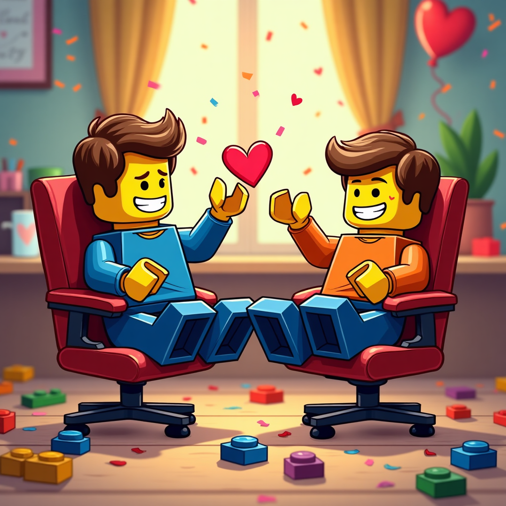 Full-bleed funny cartoon illustration: two LEGO-style brick characters with exaggerated proportions, thick black outlines, and bright saturated colors lounging in swivel chairs, feet kicked up on a chunky brick-built desk front and center. Low, slightly fisheye angle that makes their blocky soles comically large in the foreground. They grin at each other, one holding up a tiny red brick heart; scattered colorful bricks, a wobbly brick potted plant, a mug with a heart, and confetti and heart-shaped brick balloons in the background. Whimsical, energetic poses, playful office-like brick room, crisp 2D vector look, bold shadows and highlights for pop. Small caption at the bottom center in a chunky playful font, white with a thick black outline: “Still clicking after all these years.” No other text.
Generated with these themes: Lego , Feet up on desk, and .
Made with ❤️ by AI.