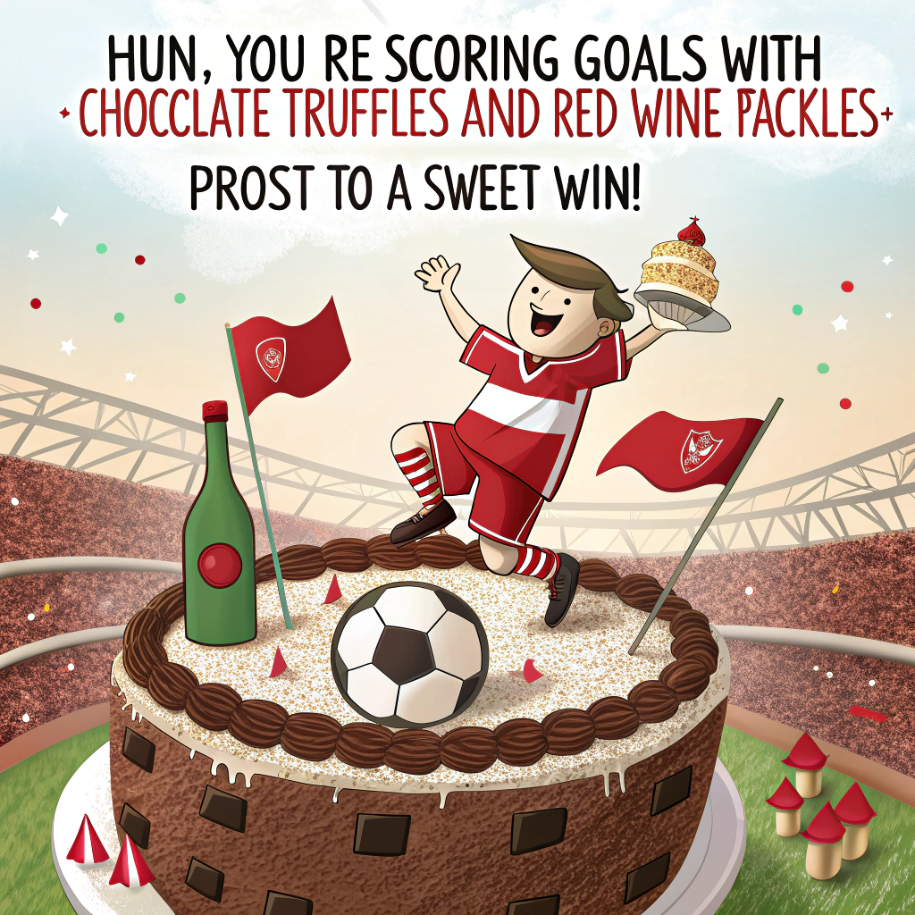 At the top of the image, "Hun, you’re scoring goals with chocolate truffles and red wine tackles—prost to a sweet win!"

- In the center of the image, depict a cute cartoon Hun wearing a red-and-white VfB Stuttgart jersey, perched on a giant birthday cake shaped like a soccer stadium.  
- Around the stadium-cake, cartoon chocolate truffles form the audience, each one cheering and waving tiny VfB flags.  
- A goofy wine bottle character acts as the referee, holding a slice of birthday cake instead of a whistle.  
- Above, fluffy balloons shaped like soccer balls float across a blue sky, each trailing birthday messages in swirly fonts.
Generated with these themes: They love VfB Stuttgart and wine and chocolate.
Made with ❤️ by AI.
