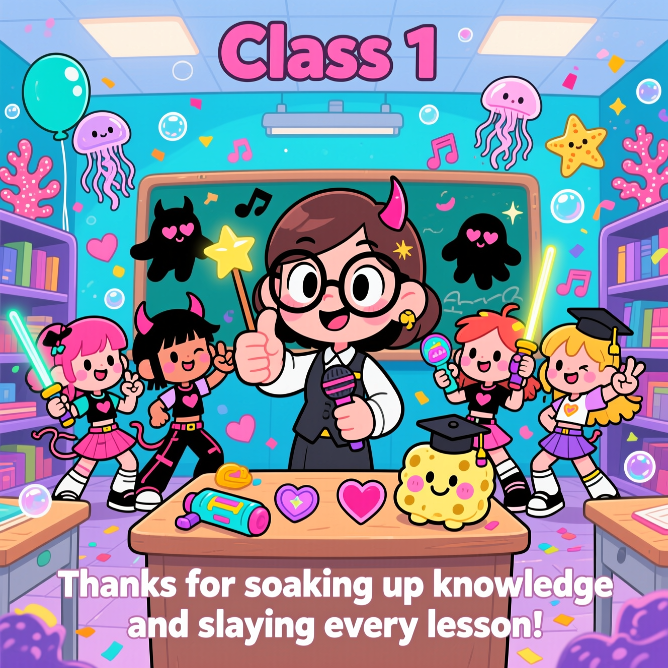 From a teacher to her class - Friends, Spongebob, K-pop demon hunters, and Thank-you Card