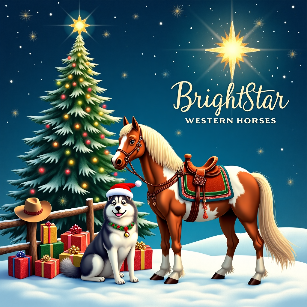 Western horse , star , paint horse , Christmas tree , gifts , and Alaskan Malamute Christmas Card