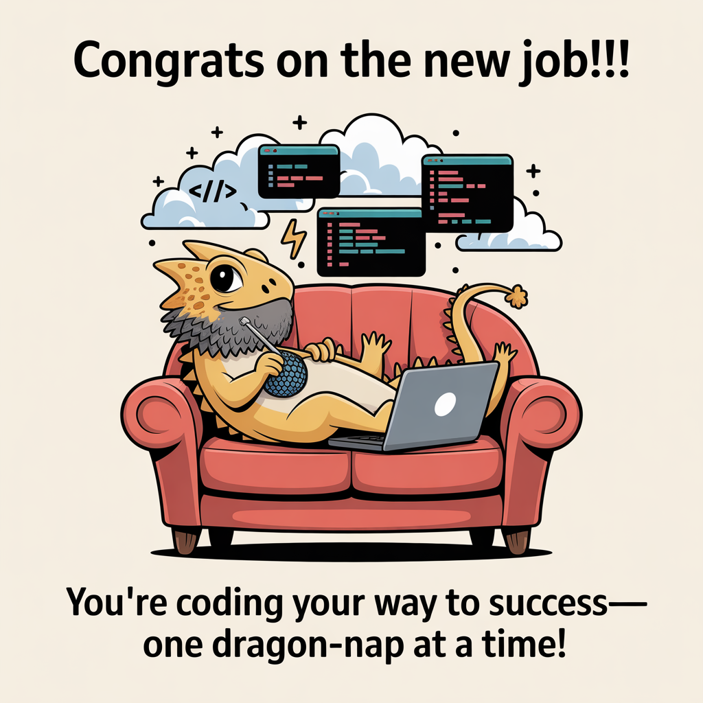 Bearded dragon, coding, sofa, laptop, clouds, crochet, and Congratulations Card