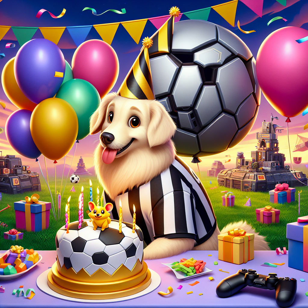 In a lively cartoon-style birthday scenario, a jolly Golden Retriever wears a black and white striped sports jersey, standing amidst a sea of colorful party balloons. One of the balloons holds a faint resemblance to a large, gray spherical spaceship from a sci-fi universe, while others glisten in a pure, bright yellow. In the distant view, geometric structures reminiscent of a popular online multiplayer battle game tower high, with digital chests scattered across. A gaming console and handles lay casually on a table, near a vibrantly illustrated cake decorated with a stylized soccer game emblem, and crowned by an adorable, soccer-engaged, bright yellow electric rodent-themed cake topper.
Generated with these themes: Golden Retriever, Newcastle United, Star Wars, Fortnite, Fifa, and Pokemon.
Made with ❤️ by AI.