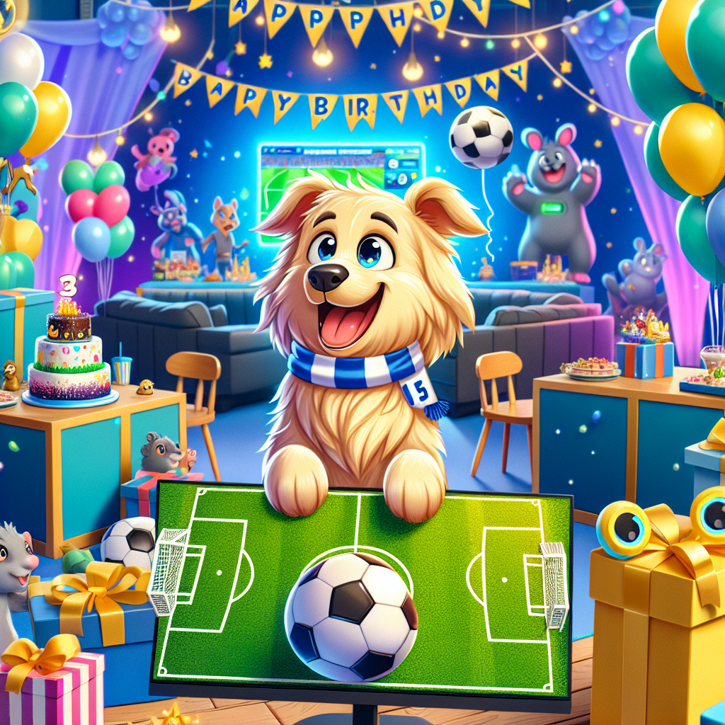 Illustrate a festive cartoonish birthday event, where a gleeful Golden Retriever with a soccer scarf stands in the middle of party decorations. The ambiance is vibrant with a space-themed banner in the backdrop and balloons designed like surprise boxes float around. In the foreground, a video game setup with a soccer video game on the screen is arranged. Tables are decorated with fantasy creature figurines and the birthday cake, features a yellow electric rodent-themed topper, nestled on a decorative soccer field similar to those in video games.
Generated with these themes: Golden Retriever, Newcastle United, Star Wars, Fortnite, Fifa, and Pokemon.
Made with ❤️ by AI.