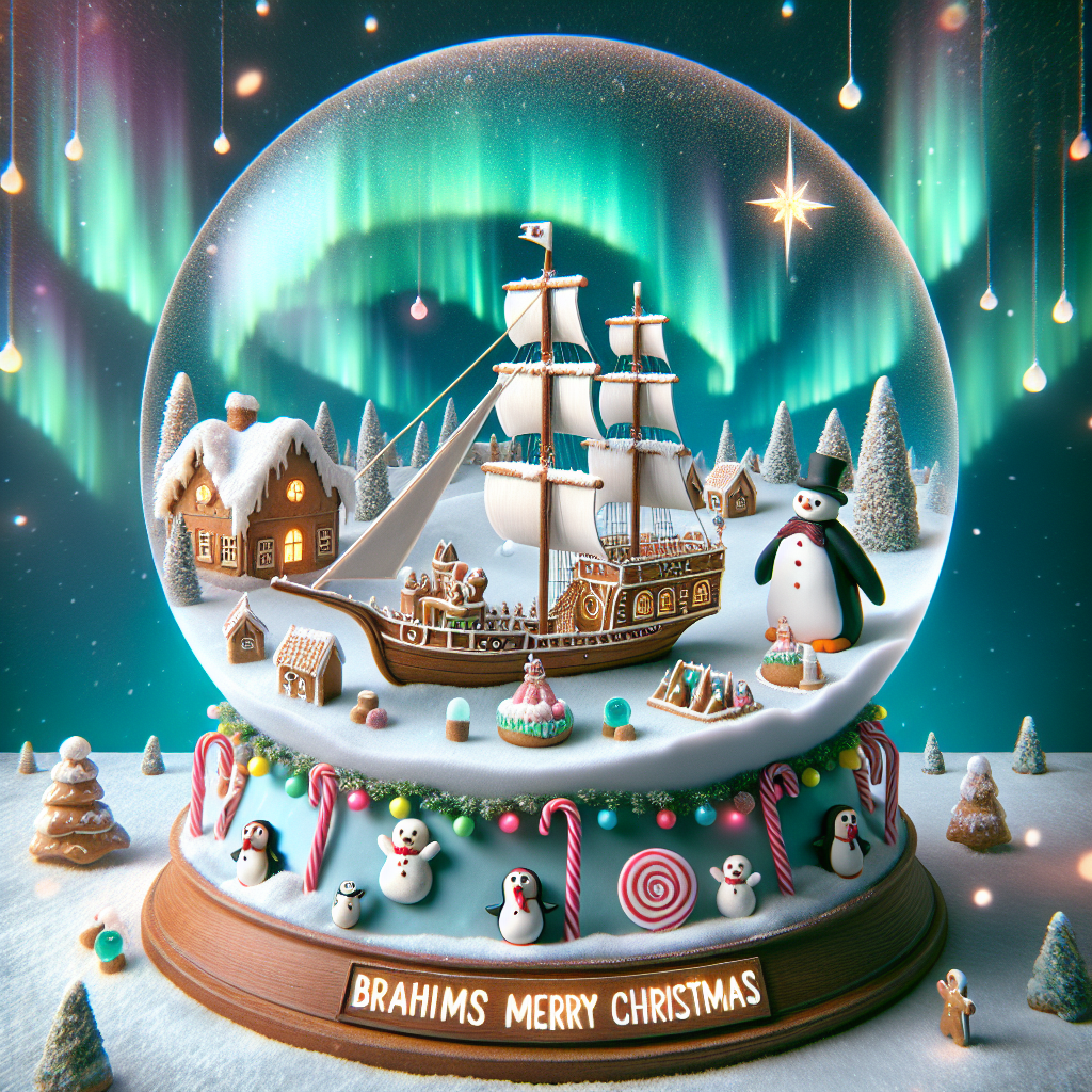 The illustration showcases a quaint, snow-globe-like setting where a gingerbread pirate ship is docked beside a snowy village. Candy canes serve as masts and gumdrops line the deck. Whimsical characters, including snowmen and penguins, are busily decorating the ship with garlands and ornaments. Above the scene, the Northern Lights dance in the sky, subtly shaping the message 'Brahms Merry Christmas' in a sparkling font that seems to twinkle with the stars, securing its place as the clear focus of the festive and lighthearted tableau.
Generated with these themes: ship.
Made with ❤️ by AI.