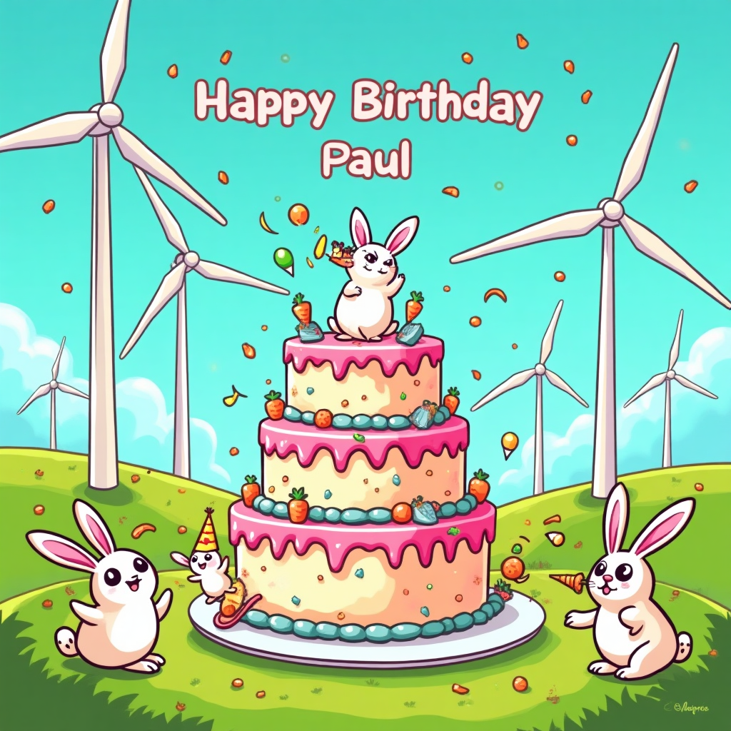 At the top of the Cartoon Style image, Happy birthday Paul

A funny, high-energy cartoon scene in bright, saturated colors with thick black outlines and exaggerated proportions: On rolling lime-green hills under a turquoise sky, tall white wind turbines swoosh across the background with playful motion lines and tiny confetti swirling in the breeze. Front and center, a gigantic, over-the-top tiered birthday cake frosted in bubblegum pink and sky-blue, decorated with carrot-shaped sprinkles and miniature spinning turbine toppers. A crowd of plump, wide-eyed rabbits in party hats bounce and pose around the cake—one rabbit’s long ears spin like rotor blades, another blows a party horn that makes a mini turbine whirr, a cheeky bunny mid-leap has icing on its whiskers, and a tiny bunny clings to a candle as the wind tilts the flames comically sideways. One distant turbine wears a cone party hat; floating carrot-shaped balloons and whirling confetti add to the silliness. Whimsical, energetic poses everywhere.

Typography direction:
- Main text at the very top in big, breezy bubble letters with a sky-blue gradient, white outline, subtle drop shadow, slightly arched; add subtle wind swirl accents around the letters and small rabbit-ear flourishes on a couple of characters to match the theme.
- Small, cheeky secondary caption on a ribbon wrapped around the bottom cake tier (keep it subtle): Hoppy Birthday—may your year be turbine-charged!

Composition and style notes:
- Image-first layout: the towering cake and lively rabbits dominate the foreground; turbines rise grandly behind for scale.
- Clean vector feel, bold outlines, high contrast, sunny lighting; use motion lines and expressive faces to amplify the comedy.
Generated with these themes: Wind turbines, rabbits birthday cake, and .
Made with ❤️ by AI.