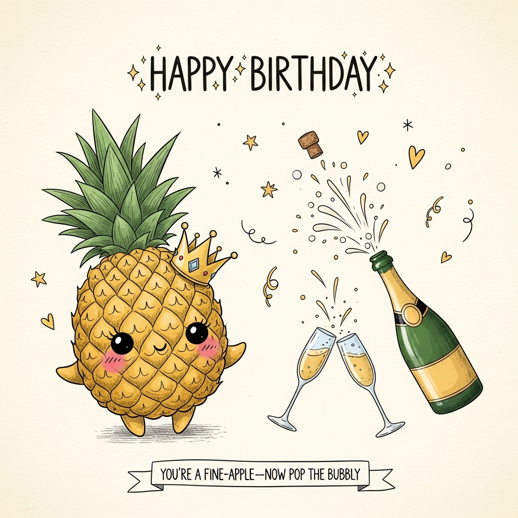At the top of the Illustration Style image, Happy Birthday

Hand-drawn, cute illustration with fine linework, textured brush strokes, a balanced composition, and a warm, expressive color palette. Portrait orientation with generous negative space.

Large central focal point: an adorable, golden pineapple character with soft cross-hatch texture, tiny dot eyes, rosy cheeks, and a shy smile. A small, gleaming gold crown sits slightly askew atop its leafy fronds, with twinkly jewel accents.

To the right, a champagne bottle pops with a playful cork and a trail of sparkling bubbles; two slim flutes clink with pale-gold fizz. Confetti, tiny stars, and a few heart doodles swirl around, echoing the bubbly sparkle.

Hand-letter “Happy Birthday” at the top in a bouncy, playful script, with small gold sparkles around the letters; keep the text smaller than the main image to stay image-first.

Optional small caption at the bottom on a soft ribbon or gentle arc: “You’re a fine-apple—now pop the bubbly!”

Warm cream background with subtle paper grain, soft vignette, and cozy shadows. No photorealism; charming, whimsical Illustration Style throughout.
Generated with these themes: Pineaaple, crown, champagne, and .
Made with ❤️ by AI.