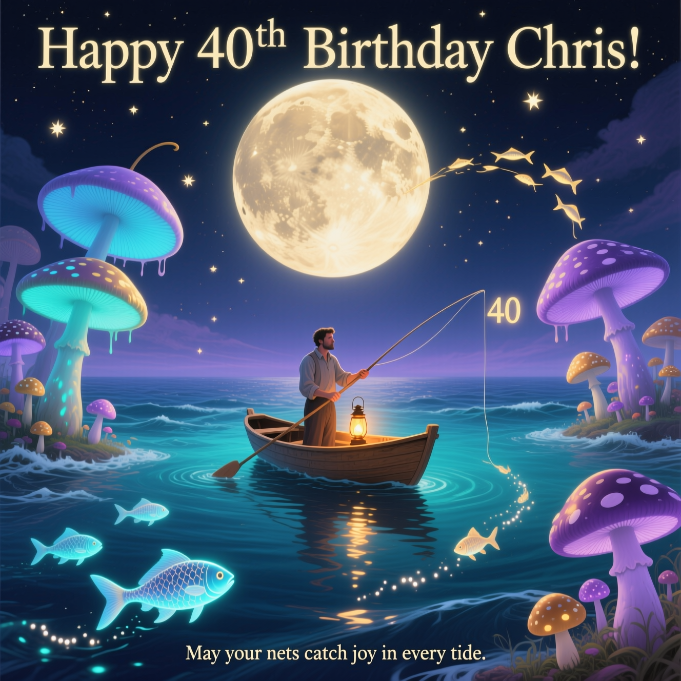 At the top of the Surreal Style image, Happy 40th Birthday Chris!

Vertical, full-bleed, dreamlike surrealism with melting forms and ethereal lighting, Dali-inspired. A serene midnight ocean under a colossal pearlescent moon, its edges softly melting, with a handful of tender stars. Centered: a solitary man in a small wooden boat, gently casting his line; a warm lantern glow rests at his feet. Bioluminescent mushrooms of varied sizes sprout from the waves and arc from the sky like umbrellas, gills aglow in cyan, lavender, and soft gold, painting shimmering halos on the water. Luminous fish swim both beneath the surface and drift through the air like slow comets, scales reflecting mushroom light, leaving pearly trails that gently ripple into the sea. The mood is sincere and contemplative—calm waters, long reflections, a quiet, hopeful hush. Palette of deep indigo, teal, and violet with warm moon-gold; soft painterly texture, high detail, cinematic depth, slight haze. Keep generous negative space in the upper sky for the title; render the title in moonlit, elegant serif lettering with a soft glow, subtly dusted with starlight for readability. Subtle flourish: a loose arc of airborne fish gently suggests a “40” near the moon.

At the bottom in small text, May your nets catch joy in every tide.
Generated with these themes: Man Fishing from a boat in the ocean surrounded by glowing mushrooms and fish with large moon and some stars , and .
Made with ❤️ by AI.
