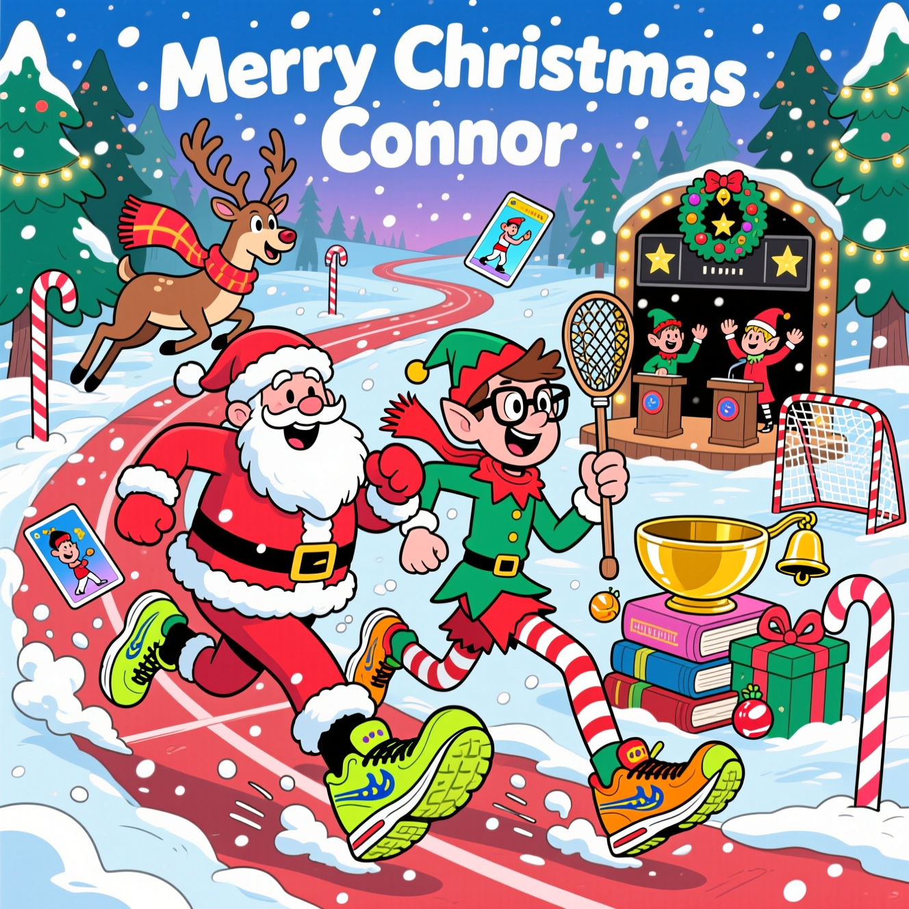 At the top of the Cartoon Style image, Merry Christmas Connor

Playful, exaggerated cartoon scene in bright, saturated colors with thick outlines and energetic poses: a snowy cross-country running course winds through a twinkly pine forest, staked with candy-cane markers and string lights. In the foreground, Santa and a nerdy-cool elf with glasses are mid-stride, knees high and grinning, both wearing bold neon Saucony sneakers with the signature river-dot swoosh, big chunky soles, and comedic oversized proportions. A competitive reindeer in matching Saucony kicks bounds alongside, scarf flapping, all three kicking up poofs of sparkling snow and motion lines.

Baseball cards swirl through the air like snowflakes, holographic sheen catching the light—mini cartoons of holiday characters in baseball poses—whizzing around the runners. To one side of the trail, a candy-cane lacrosse goal with a wreath net sits on the snow; an elf fan hefts a lacrosse stick cradling shiny ornaments and a jingling bell, cheering wildly. In the midground, a gingerbread debate stage with two animated elves at tiny candy podiums gesture theatrically while a gleaming gold “academic bowl” trophy (big, shiny, bowl-shaped) sits atop a stack of wrapped book-shaped gifts; twinkle lights outline a round scoreboard ornament showing glowing stars for points. Everything feels zippy, whimsical, and funny—big heads, expressive faces, bouncy limbs, chunky gloves, and goofy hats—against a crisp winter sky with falling snow and glittery highlights.

Color palette: holly red, evergreen, icy teal, candy pink, lemon yellow, and snowy white. Thick black outlines, bold shapes, simple shading, and sparkly accents. Leave clear space at the top for the main text and a neat caption area at the bottom. Portrait orientation, large central image emphasis.

At the bottom of the Cartoon Style image, add a small, cheeky caption: “May your splits jingle and your arguments sleigh!”
Generated with these themes: Cross Country Running, saucony sneakers. Baseball cards, lacrosse, academic bowls and debating , and .
Made with ❤️ by AI.