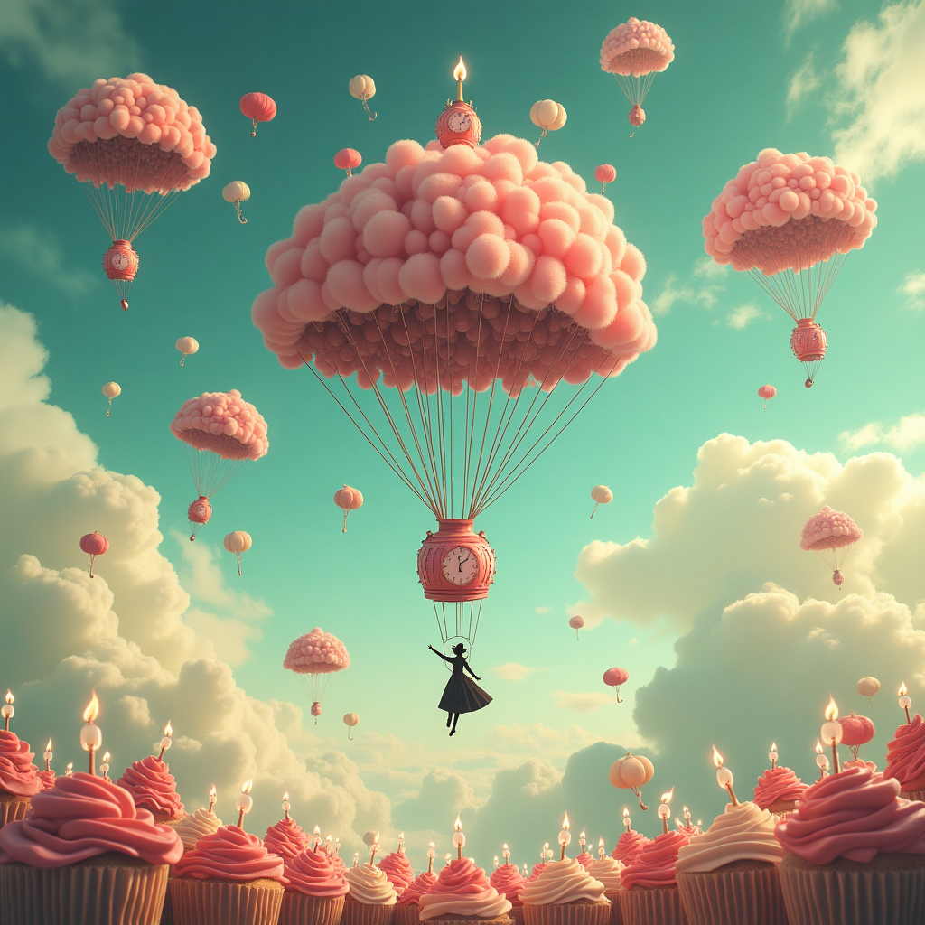 **Image Prompt:**

A surreal, abstract sky filled with upside-down cherry trees sprouting from floating umbrellas that drift through candyfloss clouds. In the center, a vintage carpet bag unzips itself to release a kaleidoscope of singing clocks and pastel-colored balloons that melt like candle wax mid-air. A silhouette in a hat (reminiscent of Mary Poppins) gracefully parachutes down on a giant dandelion seed, while a river of tea flows across the sky, winding through the dreamlike atmosphere. All around, pocket watches sprout wings and orbit gently glowing cupcakes with candles flickering in impossible colors. The scene is both whimsical and dreamlike—reality reimagined as a birthday dreamscape.
Generated with these themes: Mary Poppins, and .
Made with ❤️ by AI.