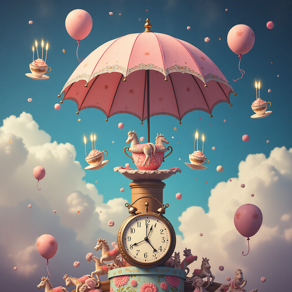 **Image Prompt:**  
A surreal, abstract skyscape where a floating vintage umbrella unfolds into a blooming galaxy, its fabric stitched with stars and old London rooftops upside-down beneath it. In the distance, teacups filled with tiny swirling storms drift like balloons, each dangling birthday candles from silver strings. A chimney-sweep's hat floats midair, overflowing with multicoloured confetti that morphs into flying carousel horses. Below, a pastel clock face melts into a winding staircase made of spoon handles and feather dusters, leading nowhere and everywhere. The entire scene glows with soft, dreamy hues of lavender, blush pink, and starlight gold, as if time is singing “Happy Birthday” backwards.
Generated with these themes: Mary Poppins, and .
Made with ❤️ by AI.