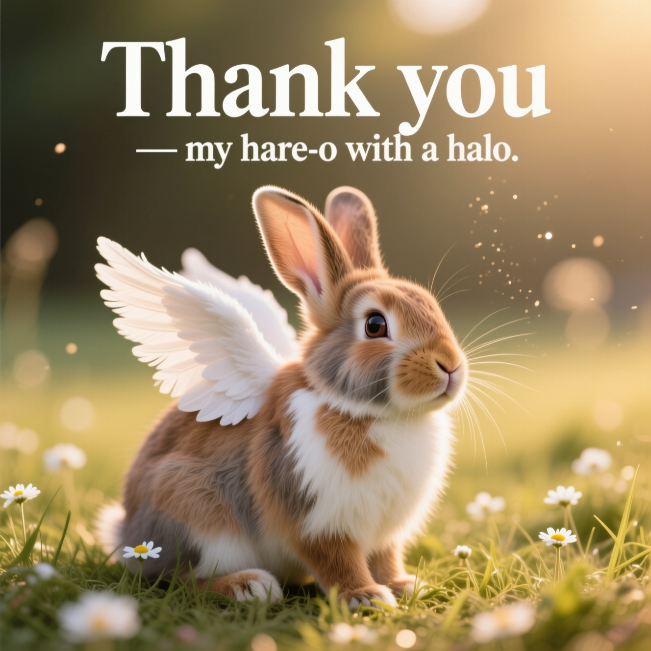 At the top center in large, elegant serif lettering (warm white with a soft shadow for legibility): "Thank you — my hare-o with a halo."

Ultra-high-definition 4K photorealistic close-up portrait of a brown and white lop-eared rabbit with delicate, natural-looking white angel wings folded gently along its back. The rabbit sits in sunlit short meadow grass dotted with tiny white wildflowers; warm golden-hour backlight creates a soft rim glow around the floppy ears and wings, with a few dust motes sparkling in the air. Razor-sharp focus on the rabbit’s eyes, whiskers, and lifelike fur; fine feather detail with believable translucency at the edges. Background melts into creamy bokeh for rich depth and clean negative space behind the headline. Accurate, true-to-life colors and lighting; sincere, tranquil mood; minimal, uncluttered composition with no props or cartoon elements. Shot on a full-frame feel with an 85mm lens at f/1.8, ISO 200, 1/800s; gentle reflector fill, subtle filmic contrast, and a faint vignette to draw the eye to the subject and text.
Generated with these themes: .
Made with ❤️ by AI.