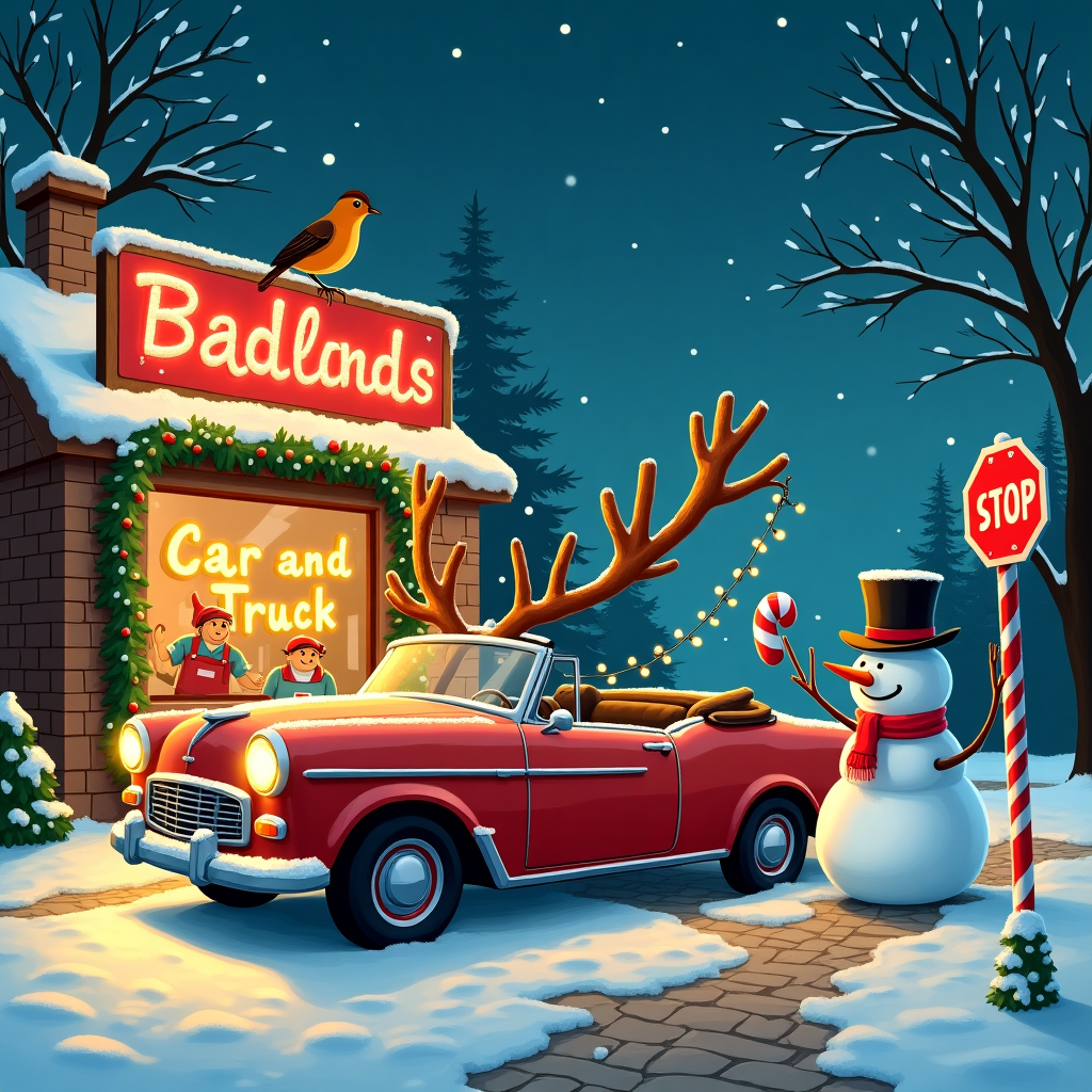 In the whimsical world of "Yuletide Junction," a quirky Christmas scene unfolds. Imagine a snowy village, blanketed in a thick, glistening white layer, with tiny cobblestone streets weaving through it. At the heart of this village is a bustling scene with a charming, retro, red convertible car parked haphazardly outside a quaint little shop named "Badlands Car and Truck." The car is humorously decorated with oversized antlers affixed to the front, making it resemble a modern-day reindeer on wheels. A jolly snowman stands beside the car, with a top hat tilted at a jaunty angle, holding a giant candy cane like a traffic sign, directing imaginary reindeer traffic. Above, the sky is a rich twilight blue, speckled with swirling snowflakes that twinkle like stars. A string of lights is strung from the car's rearview mirror, twinkling merrily, while a garland of holly wraps around its fender. Behind the scene, nestled in the frosted window of "Badlands Car and Truck," is a glowing neon sign subtly incorporating the name. In the background, cheerful elves in mechanic overalls hang a festive banner from the shop's roof, which spells out "Badlands Car and Truck" in bright red and green letters, twinkling like Christmas lights. A curious robin perches atop the banner, adding a touch of life to this magical holiday vignette. The scene is a playful blend of holiday cheer and automotive charm, perfect for capturing the spirit of Christmas with a twist of humor.
Generated with these themes: Car.
Made with ❤️ by AI.