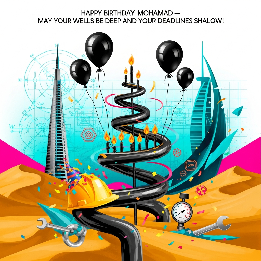 At the top of the Abstract Style image, “Happy Birthday, Mohamad — May your wells be deep and your deadlines shallow!”

Bold, funny, abstract composition bursting with geometric shapes and fluid curves: a sweeping desert-gold arc becomes rolling dunes, intersected by glossy petroleum-black ribbons that twist like playful pipelines into a tiered birthday cake shape; the “candles” resemble tiny flare stacks with neon coral flames. Oil-drop balloons (ink-black with mirror highlights) float upward on thin white lines, while a bright teal blueprint grid faintly overlays the background, with crisp compass arcs and schematic circles hinting at a young, talented engineer’s touch. 

A stylized Dubai vibe without literal text: a shimmering, tapering spire silhouette and a sail-like curve emerge from angular teal and electric-blue shards, set against a hot-magenta sky splash—high-contrast and modern. A yellow hard hat morphs into a party hat with confetti strokes; a round pressure gauge (no text on it) pegs to “max fun” visually. Wrenches and valves are reduced to playful icon-like polygons, orbiting the central swirl like confetti stars.

Color palette: desert gold, petroleum black, electric teal, neon coral, hot magenta, and crisp white accents. Texture: dynamic brush-stroke sweeps, palette-knife scrapes, and paint-splatter confetti for movement and humor. Lighting: bold highlights and glossy reflections on the oil-drop balloons; metallic gold flickers on edges. 

Mood: celebratory, cheeky, and energetic; modern expressive art with clean geometry and wild, fluid motion. Vertical, image-first composition with generous negative space around the top line. No other text.
Generated with these themes: Happy birthday engineer colleague young and talented, works in Dubai in oil & gas sector, and .
Made with ❤️ by AI.