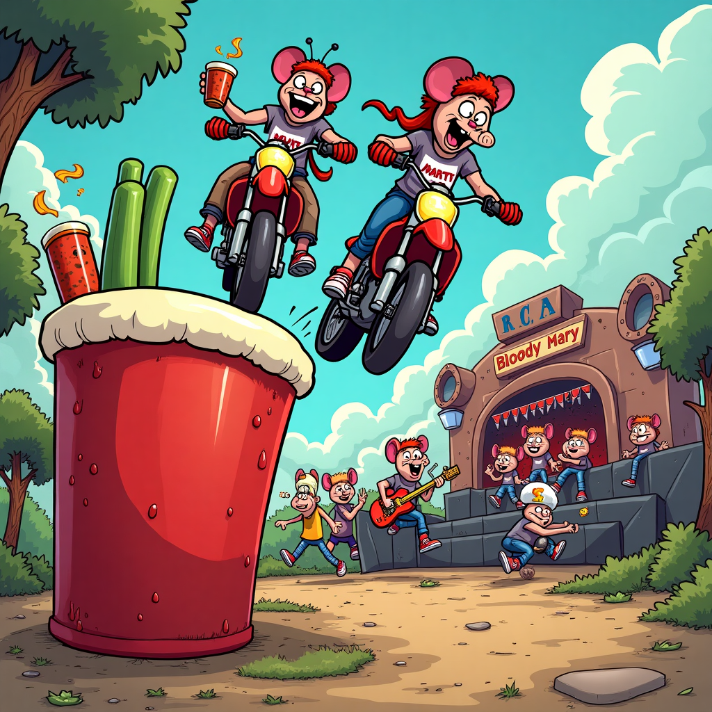 Sure! Here’s a fully built image prompt following your instructions:

---

**Prompt for image:**

At the top of the cartoon image:  
**"Happy Dirt-Rattling Birthday, Dad!"**

Create a colorful and funny cartoon image showing a wild birthday party scene where a group of cartoonish dirtbike riders (with crazy hairdos and bandanas, resembling members of the 80s glam metal band Ratt) are flying through the air on their bikes. They're leaping over a giant inflatable Bloody Mary drink, complete with celery stalks, pickles, and olives sticking out. In the background, there's a loud concert stage with rats dressed like rockstars jamming out, and one of them is handing Dad (wearing a "Born to Ratt" T-shirt) a Bloody Mary while he's still on a dirtbike mid-jump, looking hilariously panicked but thrilled. The whole mood should be vibrant, chaotic, and packed with little funny details (like a dirtbike tire splashing some Bloody Mary on an annoyed rat drummer).

Cartoon style, full of bright, playful colors and cheeky humor. 

---

Would you like me to also create a second, slightly crazier version for you to choose from? 🎸🏍️🍹
Generated with these themes: Dirtbikes, The band Ratt, and Bloody Mary's.
Made with ❤️ by AI.