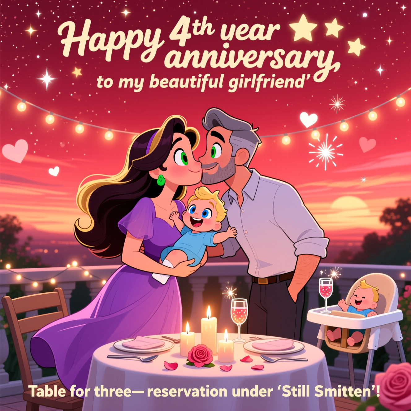 At the top of the Cartoon Style image, "Happy 4th year  anniversary  to my beautiful girlfriend "
At the bottom of the image, "Table for three—reservation under 'Still Smitten'!"

- Playful cartoon style with exaggerated proportions, thick outlines, and bright, saturated colors. Whimsical, energetic poses and big, expressive eyes.
- Scene: a romantic, starry evening with a rich red-to-rose sunset sky. Early twinkling stars and faint heart-shaped sparkles; a subtle cluster of four bright stars near the headline.
- Center foreground: the mother in a gorgeous flowing purple dress, long dark-blonde hair and green eyes, carrying their blonde, blue-eyed baby boy on her hip. She leans toward her husband for a kiss while sneaking a loving glance toward the table set for three. The baby laughs with arms stretched out toward his daddy.
- The husband: slim, short grey hair, short beard, green eyes, leaning in for the kiss and opening his arms to the baby. Smart-casual outfit (light shirt, rolled sleeves, dark trousers) to complement the scene.
- Midground: a cozy patio dining table romantically laid out for three—glowing candles, soft rose petals, two elegant place settings and a cute baby place setting/highchair, sparkling drinks, and fairy lights overhead.
- Lighting: warm candle glow and sunset rim-lighting around the family; soft heart-bokeh and gentle sparkles to enhance the romance.
- Composition: family slightly off-center, table invitingly visible, ample sky as negative space for the top headline; bottom punch-line in a clean band.
- Typography: headline in a bold, hand-lettered script (warm cream or rose-gold with a soft glow and drop shadow), bottom line in a playful bold font to match.
Generated with these themes: .
Made with ❤️ by AI.