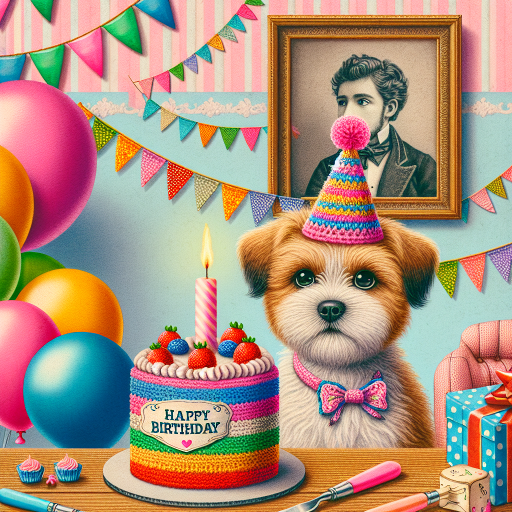 Generate a lively birthday-themed illustration. The centerpiece of this festive scene should be a cute dog adorned with a tiny crocheted party hat, sitting next to a vibrant birthday cake. In the background, playful banners and balloons create a festive atmosphere. There's also an antique framed portrait on the wall, representing a generic singing male figure, contributing a nostalgic and musical ambiance to the celebration.
Generated with these themes: Crochet, Dog, and Cliff Richard .
Made with ❤️ by AI.