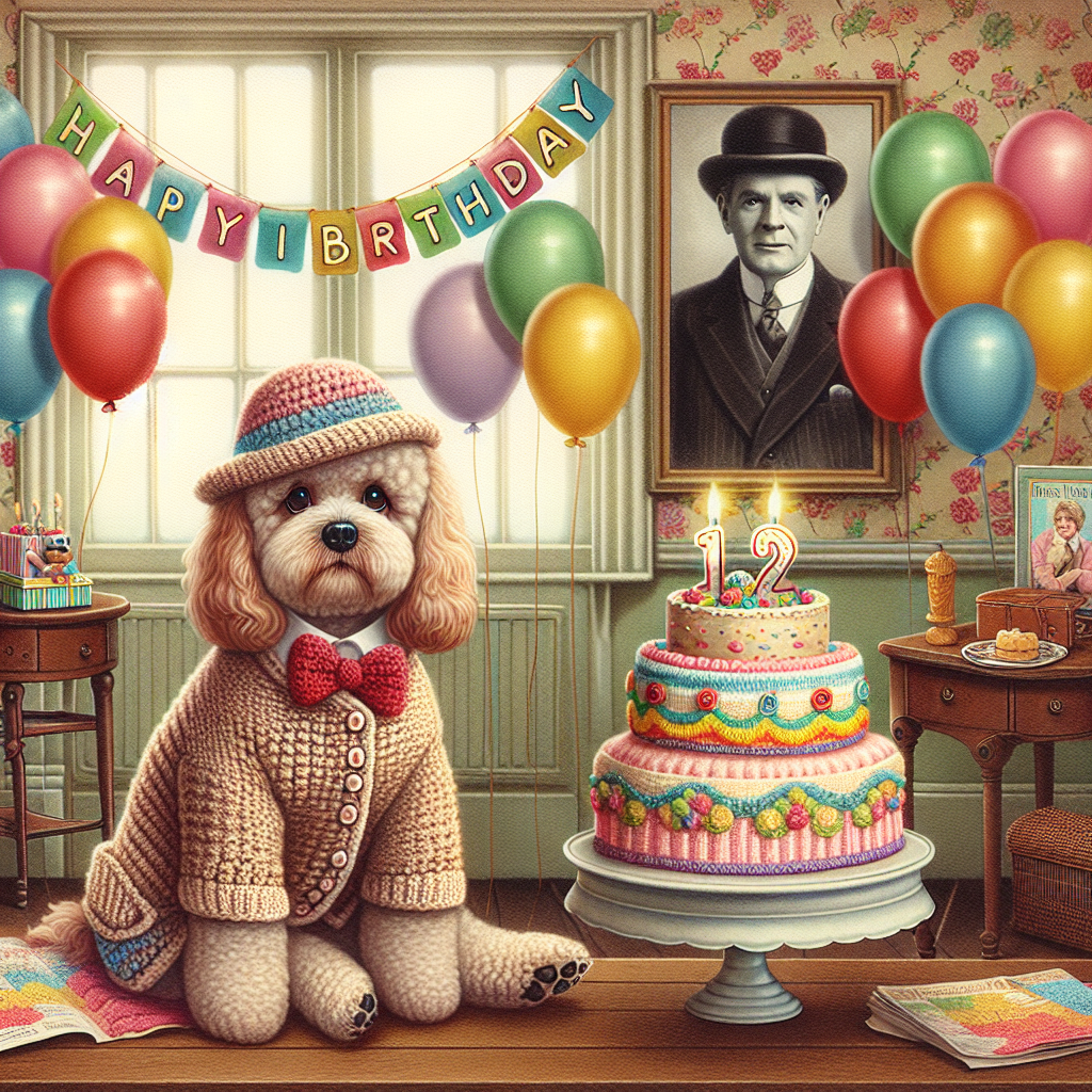 An endearing birthday scene is portrayed in charming illustration. Foremost, there is a delightful dog comfortable in its crochet attire, posed in front of a festive birthday display. Floating above are vibrant-colored balloons contributing to the jubilant atmosphere. The cake is a key player, placed front and center, bedecked in celebration. The background is nostalgic, evoking a classic vibe with an interchangeable public figure reminiscent of famous singers of the 1950s, his presence adding to the cheerful ambiance. This scene is a harmonious blend of the innocent enthusiasm of a birthday party interspersed with a touch of vintage flair.
Generated with these themes: Crochet, Dog, and Cliff Richard .
Made with ❤️ by AI.