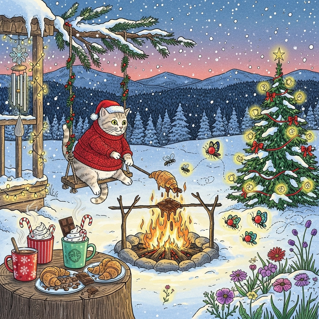 Adirondack mountains, chocolate, camp fire, wildflowers, butterflies, lightning bugs, swing, wind chime, cat, croissant, , and Christmas Card