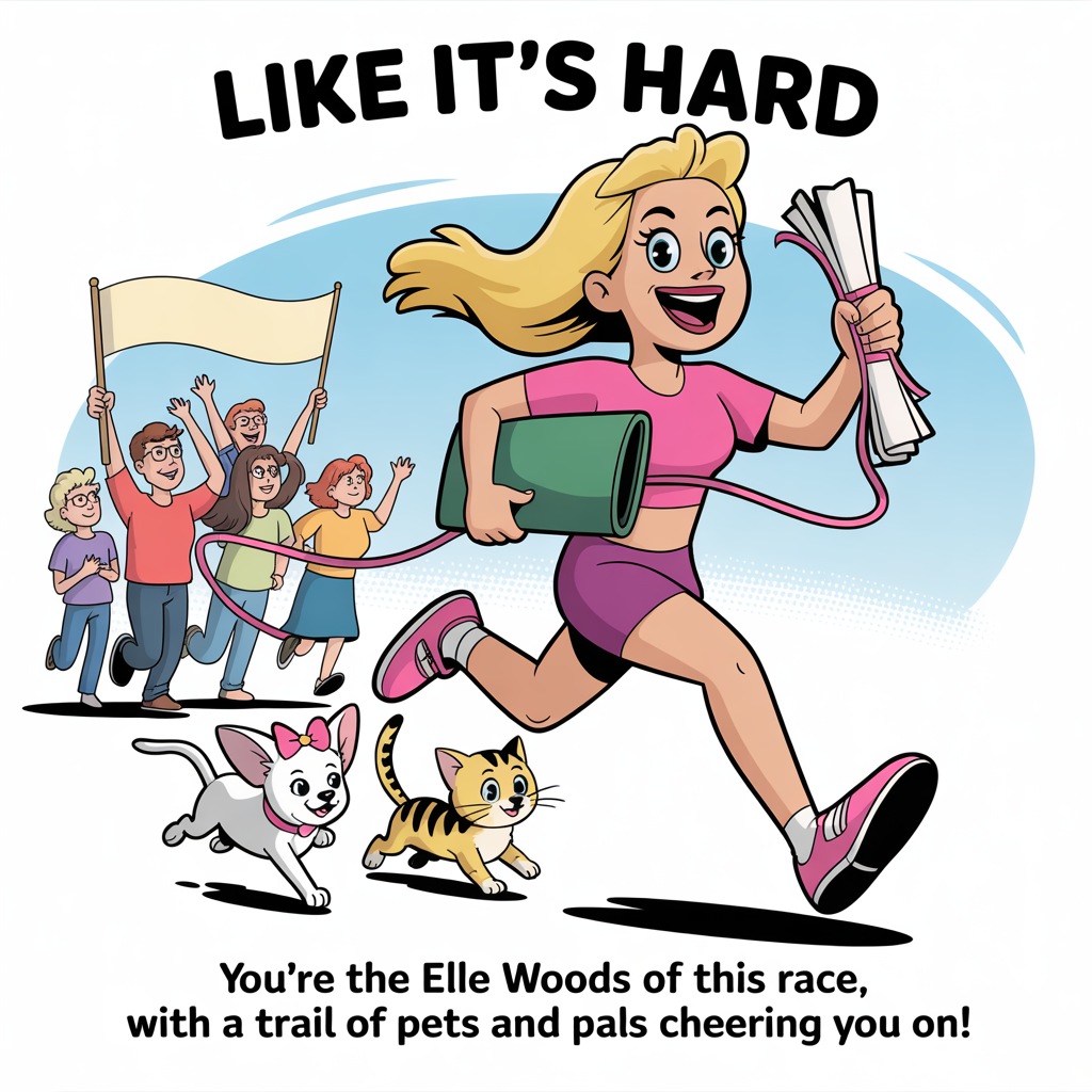 At the top of the image, "Like it's hard":

At the bottom of the image, "You're the Elle Woods of this race, with a trail of pets and pals cheering you on!"

- Illustrate a playful cartoon scene where a confident, animated character inspired by Elle Woods is running with determination, holding a diploma in one hand and a leash in the other. Her pets, including a tiny chihuahua wearing a pink bow and a friendly tabby cat, are dashing alongside her, with a lively, supportive group of family and friends waving banners in the background. Bright colors and exaggerated expressions bring energy and humor to the scene.
Generated with these themes: Legally blonde, Running, Pets, Family, Friends, and .
Made with ❤️ by AI.
