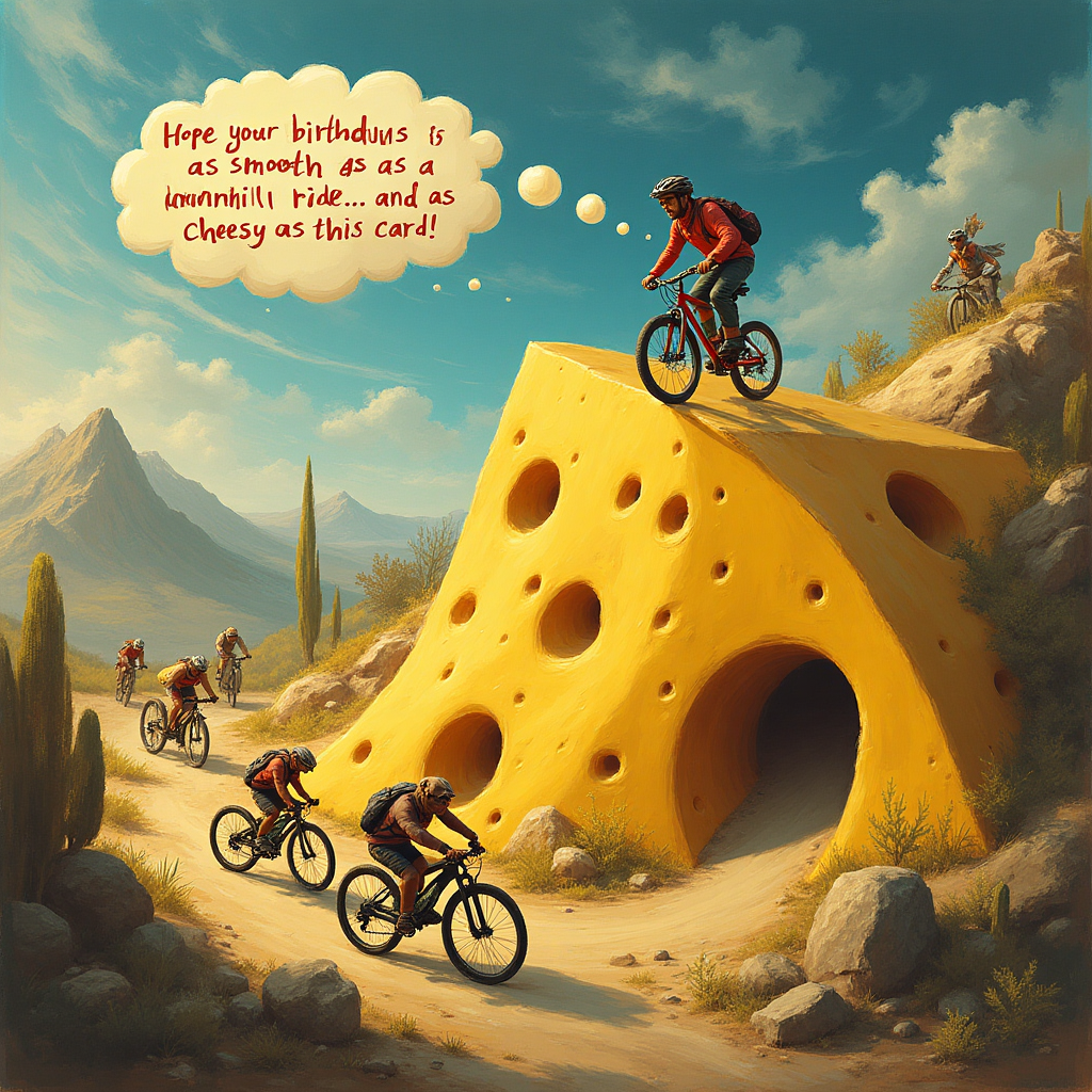 At the top of the Surreal Style image, the text reads: "Happy Birthday Alex"

**Image Description:**

In a whimsical and dreamlike landscape, a mountain biking extravaganza unfolds with a twist of the surreal. Picture a gigantic wedge of Swiss cheese morphing into a series of winding bike trails, its holes forming tunnels and ramps for adventurous cyclists. Alongside, a team of eager dogs, wearing tiny cowboy boots, ride their own pint-sized bikes, their tongues flapping joyfully in the breeze. 

The sky above is a swirl of melting colors, a nod to Dali's melting clocks, with ethereal lighting casting a magical glow over the scene. Floating in the air, a thought bubble appears with the cheeky message: "Hope your birthday is as smooth as a downhill ride... and as cheesy as this card!" 

The image captures the essence of a birthday celebrated in a realm where imagination knows no bounds.
Generated with these themes: Mountain biking, cheese, dogs, cowboy boots, and .
Made with ❤️ by AI.