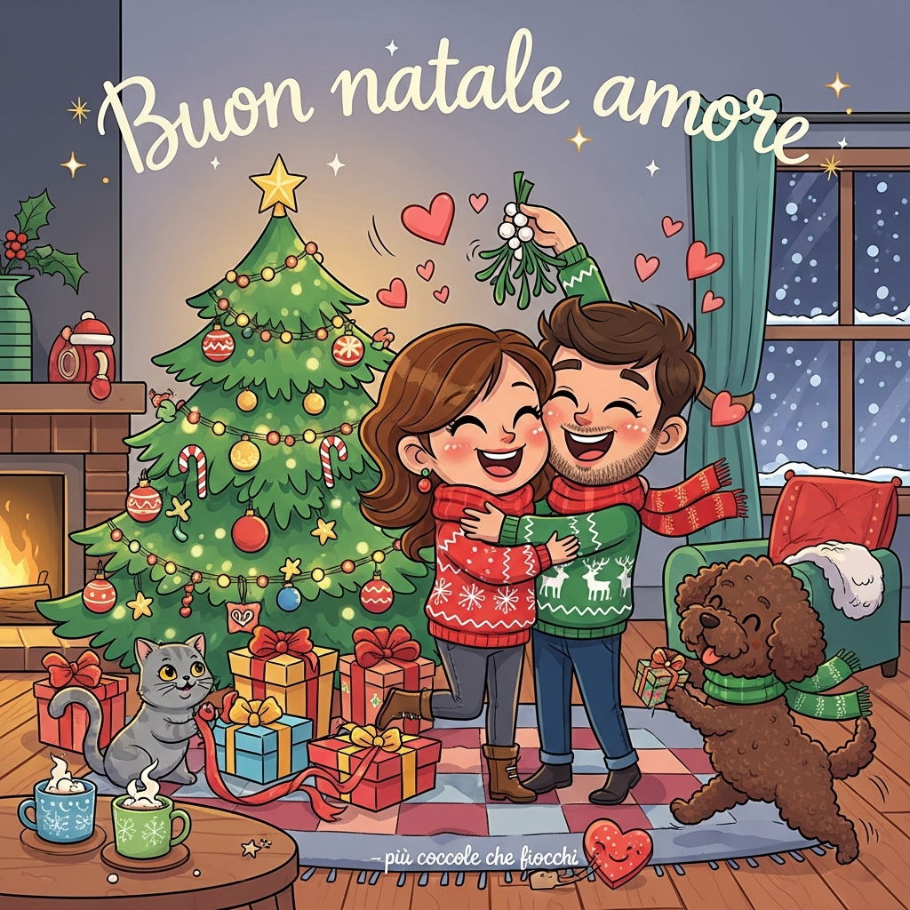 At the top of the Cartoon Style image, buon natale amore

A cute, playful Christmas scene in vibrant cartoon style: two lovers (adult man and woman) with big expressive eyes and rosy cheeks, exaggerated proportions (big heads, small bodies), hugging and laughing beneath a sprig of mistletoe beside a sparkling Christmas tree loaded with ornaments, candy canes, and twinkling fairy lights. He wears a chunky knit sweater with reindeer patterns; she wears a cozy sweater with snowflakes and a red scarf. Piles of wrapped gifts with shiny bows spill around them. A plush grey British Shorthair cat with amber eyes bats at a ribbon atop the presents, while a curly brown Lagotto Romagnolo dog in a green scarf wags happily, offering a small gift in its mouth. Hearts, star confetti, and tiny sparkles float around to show lots of love and happiness. Cozy living-room setting: warm fireplace glow, wooden floor, checkered rug, mugs of hot cocoa on a low table, and a window with gentle snowfall outside. Bright saturated reds, greens, and golds; thick black outlines; soft shading; whimsical, energetic poses; playful shapes and bouncy motion lines. Hand-lettered heading style: creamy white script with a soft golden glow and tiny star accents, slightly arched. Composition: central couple framed by the tree, cat and dog in the foreground, full-bleed scene with breathing room for the text.

Add a tiny extra line on a heart-shaped gift tag near the bottom: “più coccole che fiocchi”.
Generated with these themes: Due innamorati un maschio e una femmina , A natale con tanti regali e l’albero , Un gatto british shorthair grigio , Un lagotto romagnolo marrone , Tanto amore e tanta felicità , and .
Made with ❤️ by AI.