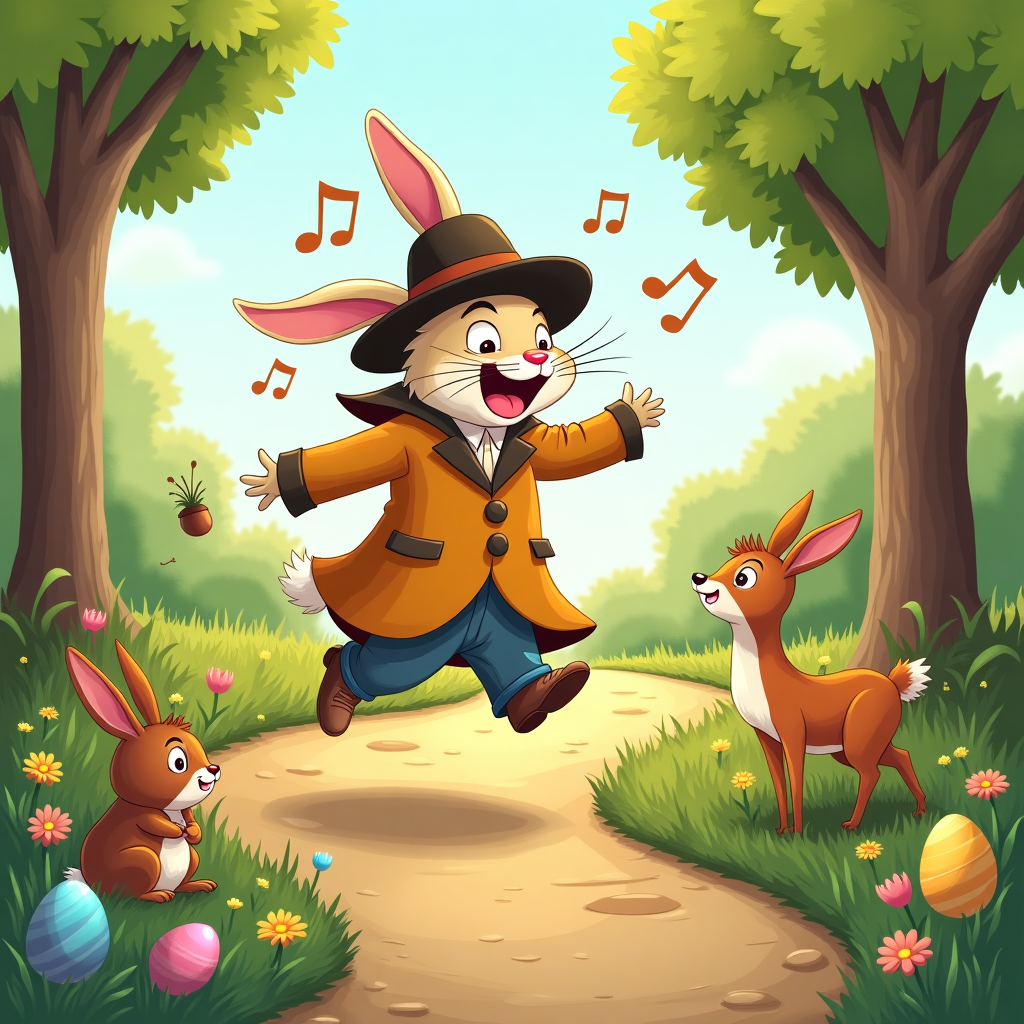 **Prompt:**  

A brightly colored, humorous illustration set on a cheerful, sunny April morning in a whimsical forest. A comically expressive rabbit wearing a dapper overcoat and an oversized floppy hat bounces energetically along a winding forest path, mid-hop, with its mouth wide open in exaggerated song. The rabbit's ears are poking awkwardly through holes in the hat, one of which is too small and comically stretched. Musical notes float in the air around it, with startled forest animals (a squirrel dropping its acorn, a mole covering its ears, and a deer peeking out from behind a tree with raised eyebrows) reacting to the loud and very off-key singing. Wildflowers and colorful Easter eggs peek out from the underbrush along the trail, adding bursts of color and seasonal charm to the scene. The whole composition is full of movement and mischief, perfect for evoking a laugh.
Generated with these themes: It is a bright, sunny April morning and a rabbit wearing a hat and coat is bouncing along a forest path singing loudly .
Made with ❤️ by AI.