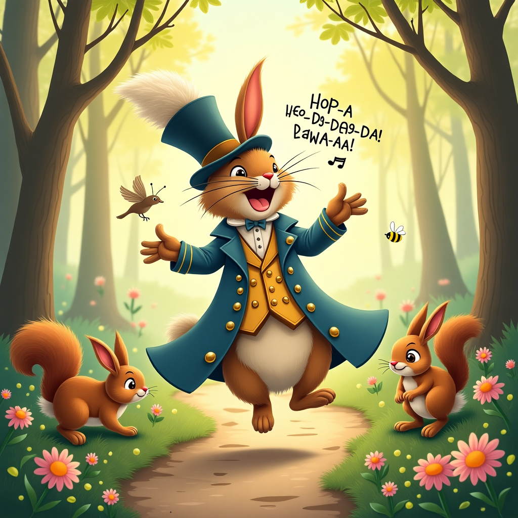 It is a bright, sunny April morning and a rabbit wearing a hat and coat is bouncing along a forest path singing loudly Easter Card