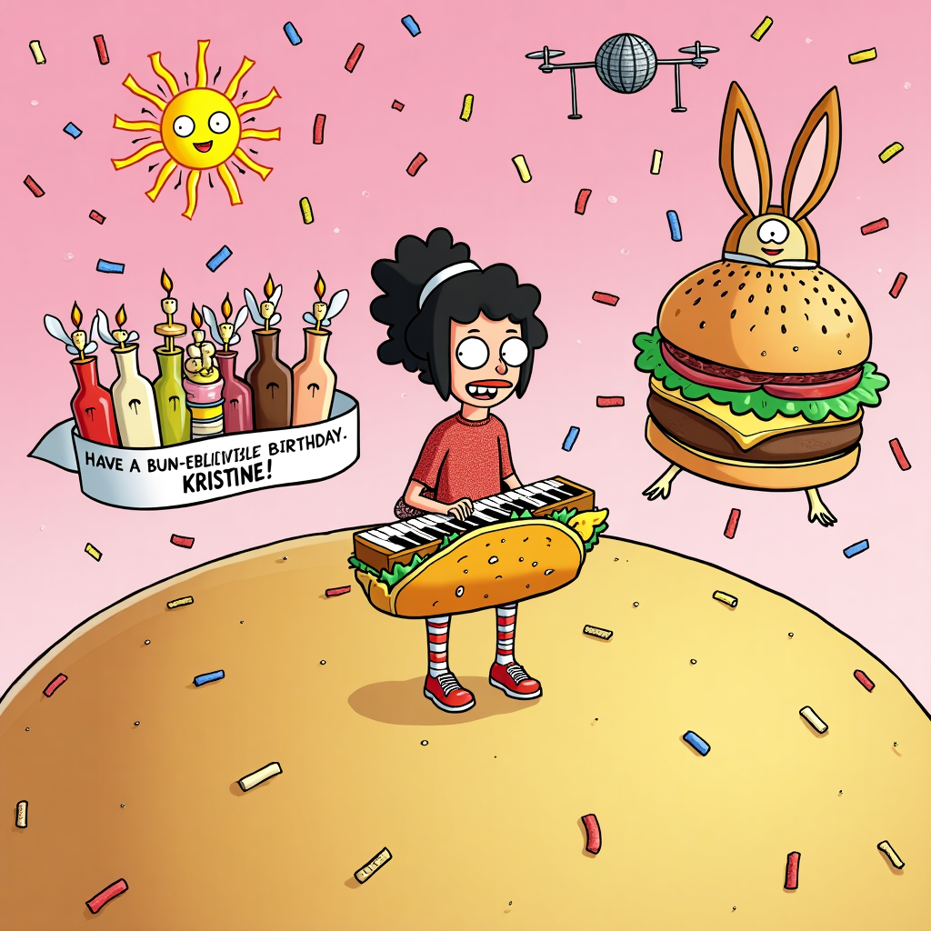 **Image Prompt:**  
At the top of the cartoon image, the text reads:  
**"Have a BUN-believable Birthday, Kristine!"**

**Visual Description:**  
A surreal cartoon-style scene featuring Gene Belcher (from Bob's Burgers) dressed in a sparkly birthday taco costume, playing his keyboard, which has grown spaghetti legs and is tap dancing on a giant burger planet floating in a pink sky. Floating condiments with wings (ketchup angels and mustard cupids) are orbiting Gene while confetti-shaped pickles rain down. A choir of dancing birthday candles (each wearing tiny Belcher glasses) sings backup vocals as a giant sentient slice of cake with Tina's face serenades a disco ball sun wearing Louise’s iconic bunny ears. A banner wrapped around a flying burger-drone spells out: “BUN-believable Birthday, Kristine!”

**Style:** Bright, bold cartoon colors with a surreal twist; very playful and slightly absurd, perfect for a fun, quirky birthday vibe.
Generated with these themes: Bobs burgers gene belcher, and .
Made with ❤️ by AI.