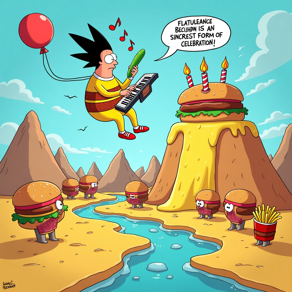 **Prompt for Image Generation:**

*At the top of the cartoon image:*  
🎉 "Have a Belchin' Birthday, Kristine!" 🎉

**Image Description:**  
A surreal cartoon scene in the signature "Bob’s Burgers" animation style, set in a melting, pastel-colored burger-shaped birthday cake world. Gene Belcher floats mid-air, wearing his famous burger suit — but it’s glowing and oozing glittery mustard like a lava lamp. He’s playing his keyboard (which is shaped like a giant pickle) with hotdog fingers, and musical notes made of ketchup are dripping through the sky. Giant disembodied Tina and Louise heads drift by like birthday balloons, staring vacantly. A river of root beer runs through the landscape, and talking fries (with googly eyes) sing birthday tunes to Kristine from atop an enormous candle-lit cheeseburger mountain.

A floating speech bubble from Gene says: "Flatulence is the sincerest form of celebration!"

Mood: Surreal, playful, and whimsically absurd — perfectly fitting for an offbeat birthday surprise with a Bob's Burgers twist!
Generated with these themes: Bobs burgers gene belcher, and .
Made with ❤️ by AI.