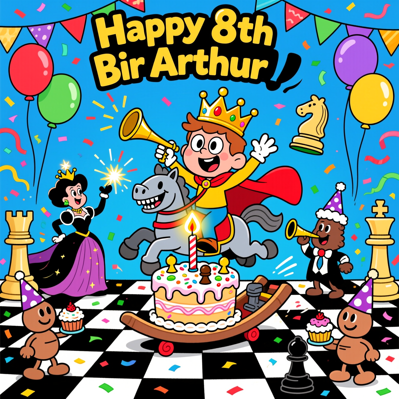At the top of the Cartoon Style image, Happy 8th Birthday Arthur

Playful, bright cartoon scene with exaggerated proportions, thick black outlines, and energetic poses. A giant black-and-white chessboard has become a lively birthday party floor. Center stage: Arthur, a joyful cartoon kid with big expressive eyes, a shiny gold king’s crown, and a red cape, rides a goofy grinning knight chess piece like a bouncing hobby horse, one hand in the air, the other clutching a party horn. The knight has a toothy smile and oversized hooves, mid-gallop with motion swooshes.

On the center square sits a towering cake decorated like a chessboard, icing dripping, sprinkles shaped like tiny pawns and rooks, and a glowing number 8 candle on top. Around them, anthropomorphic chess pieces celebrate: a sassy Queen with sparkles striking a pose, a Rook firing confetti from its turret, Pawns in party hats carrying cupcakes, a Bishop tooting a party blower, and a King tipping a polka-dot party hat.

Festive balloons shaped like chess pieces float overhead; colorful bunting stretches between tall rooks. Add streamers, confetti bursts, sparkles, and dynamic action lines for a fun, chaotic party feel. Use a vibrant palette (electric blues, cherry reds, sunny yellows, lime greens, royal purples), bold thick outlines, soft cel shading, and a slight fisheye perspective for extra whimsy.

Style the header text in big bubbly letters across a checkered banner held by two smiling rooks in party hats.

Include one small, funny text element: a speech bubble from the knight that says: Have a KNIGHT to remember!

Clean, crisp finish; no extra text beyond the header and the speech bubble.
Generated with these themes: Chess, and .
Made with ❤️ by AI.