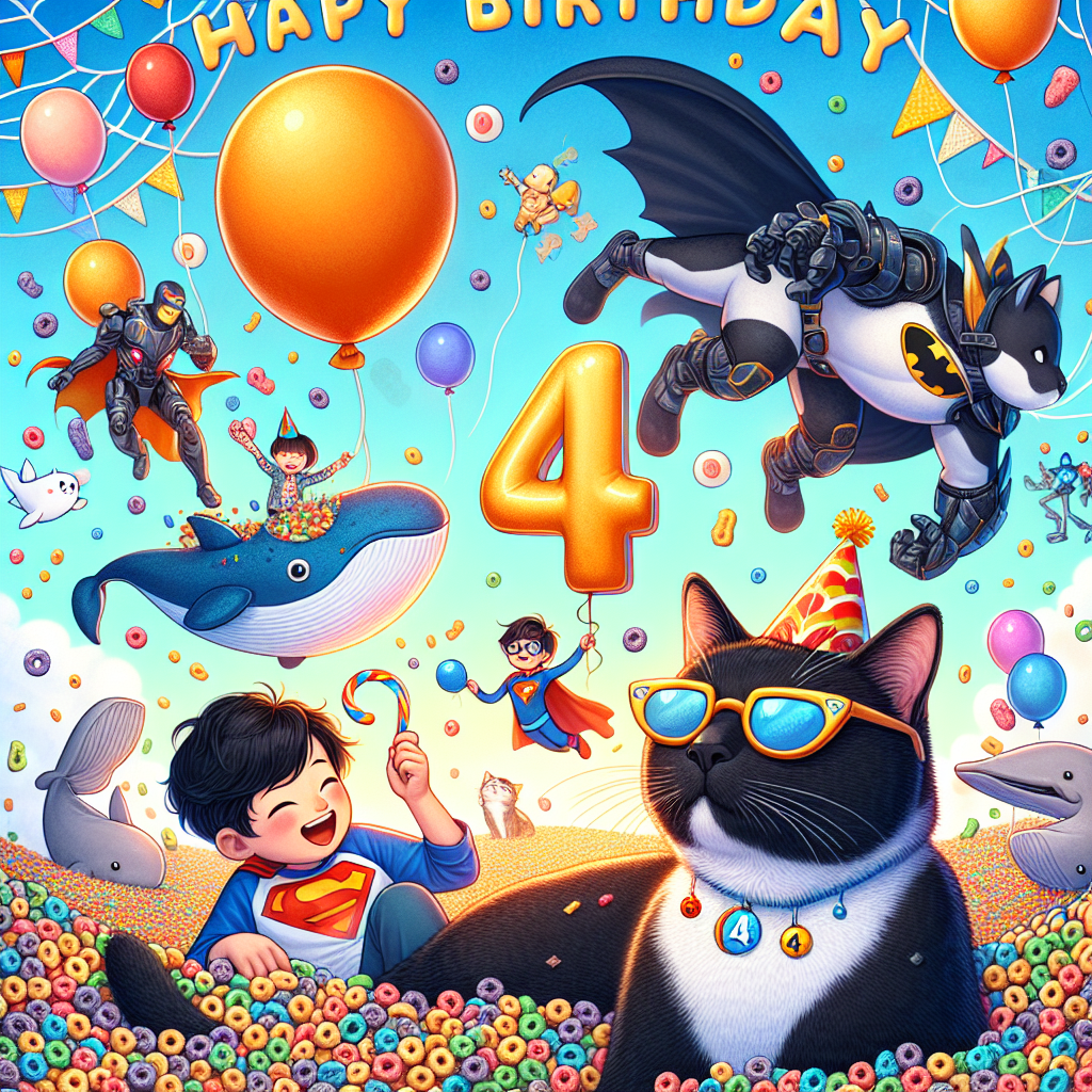 Black cat , Calico cat, Wales , Cereal, Sunglasses, Osian is 4, Balloon, Spider-Man , 5 nights at Freddy’s , and Avengers Birthday Card